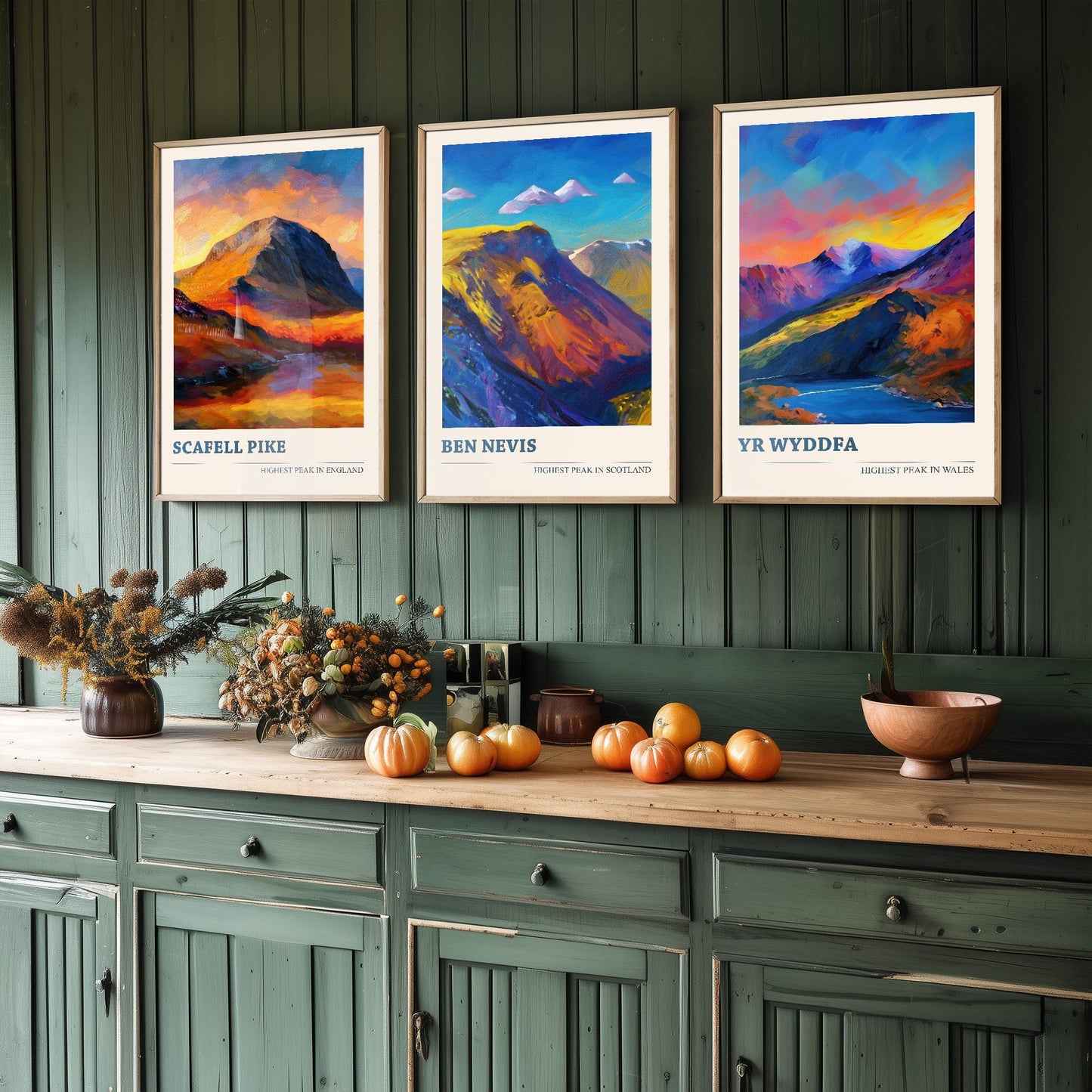 The Three Peaks of The UK - Scafell Pike, Ben Nevis and Yr Wyddfa - Set of 3 Prints - Mountain Travel Posters