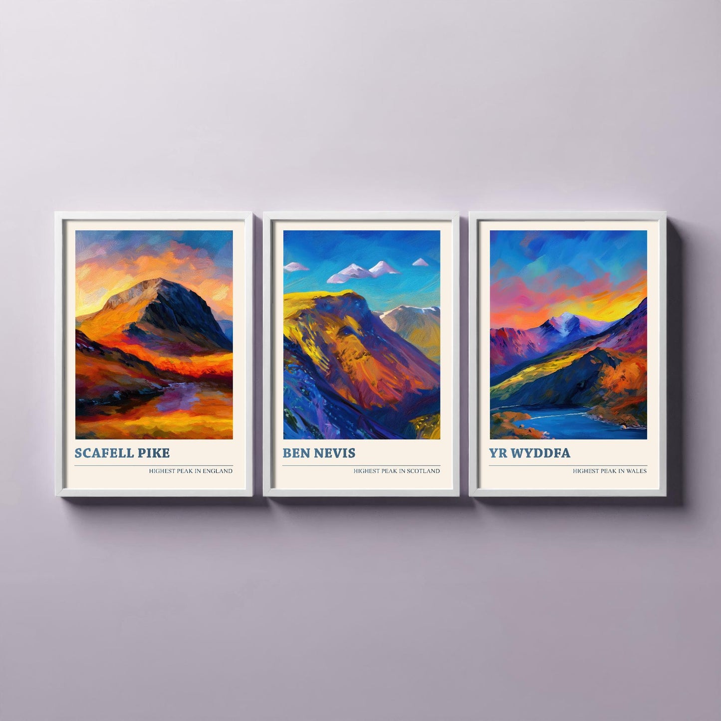 The Three Peaks of The UK - Scafell Pike, Ben Nevis and Yr Wyddfa - Set of 3 Prints - Mountain Travel Posters