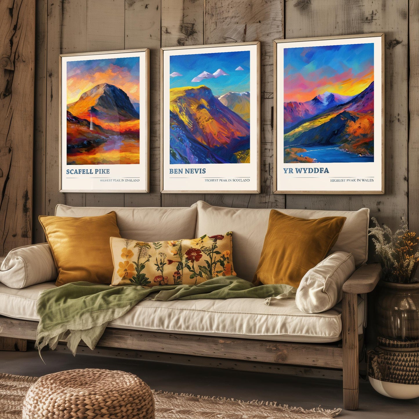 The Three Peaks of The UK - Scafell Pike, Ben Nevis and Yr Wyddfa - Set of 3 Prints - Mountain Travel Posters