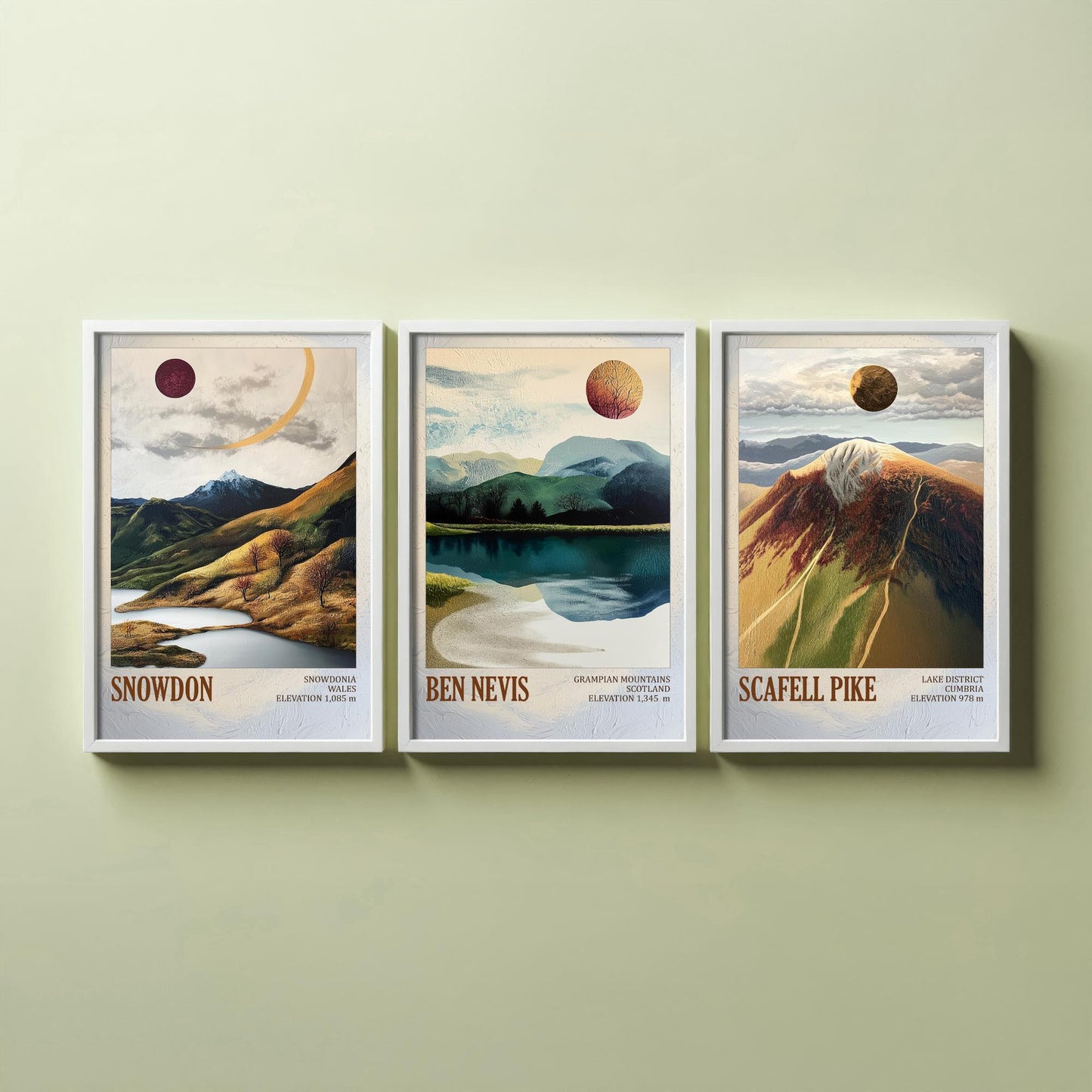 Three Peaks of Britain Set of Three Art Prints - Layers of Foil Snowdon Ben Nevis Scafell Pike - 3 Mountain Posters Painting Gift