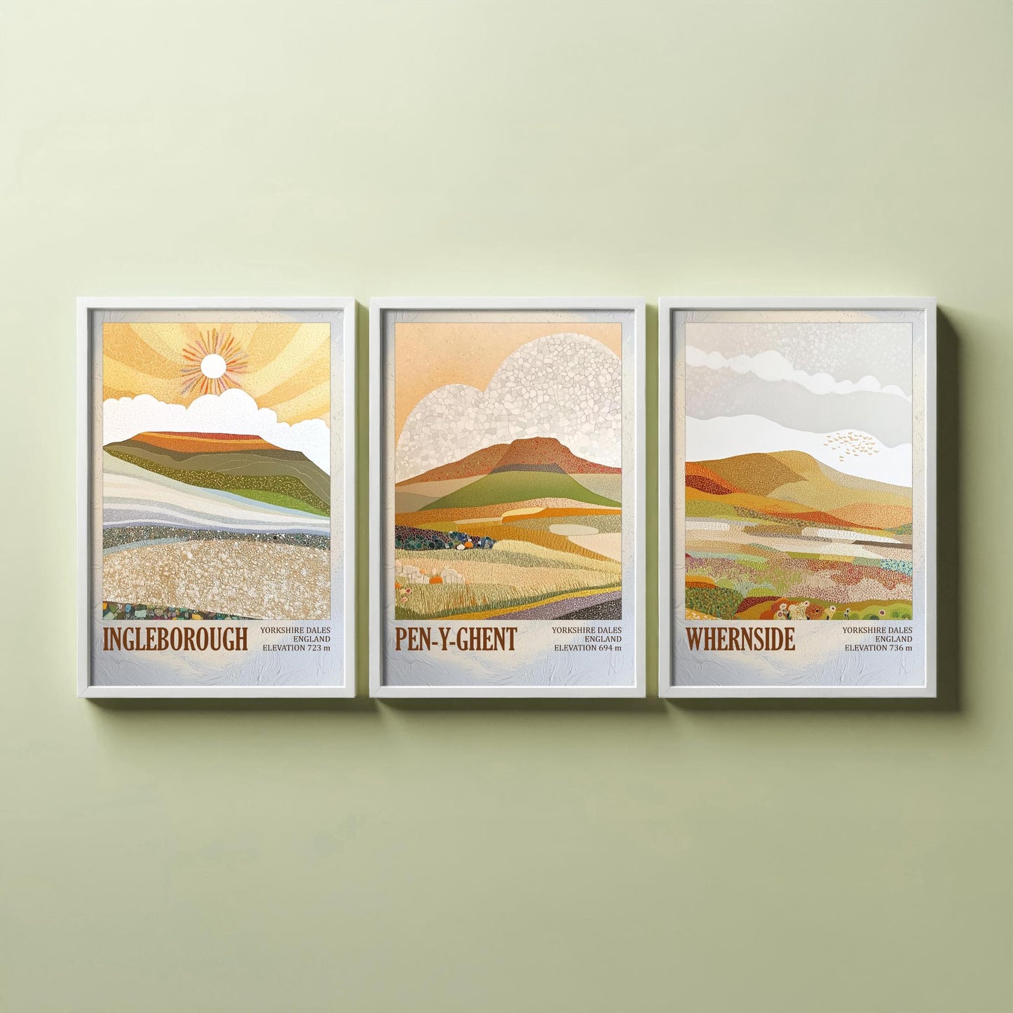 Three Peaks of Yorkshire Set of Three Art Prints - Layers of Foil Ingleborough Pen-y-ghent Whernside - 3 Mountain Posters Painting V1