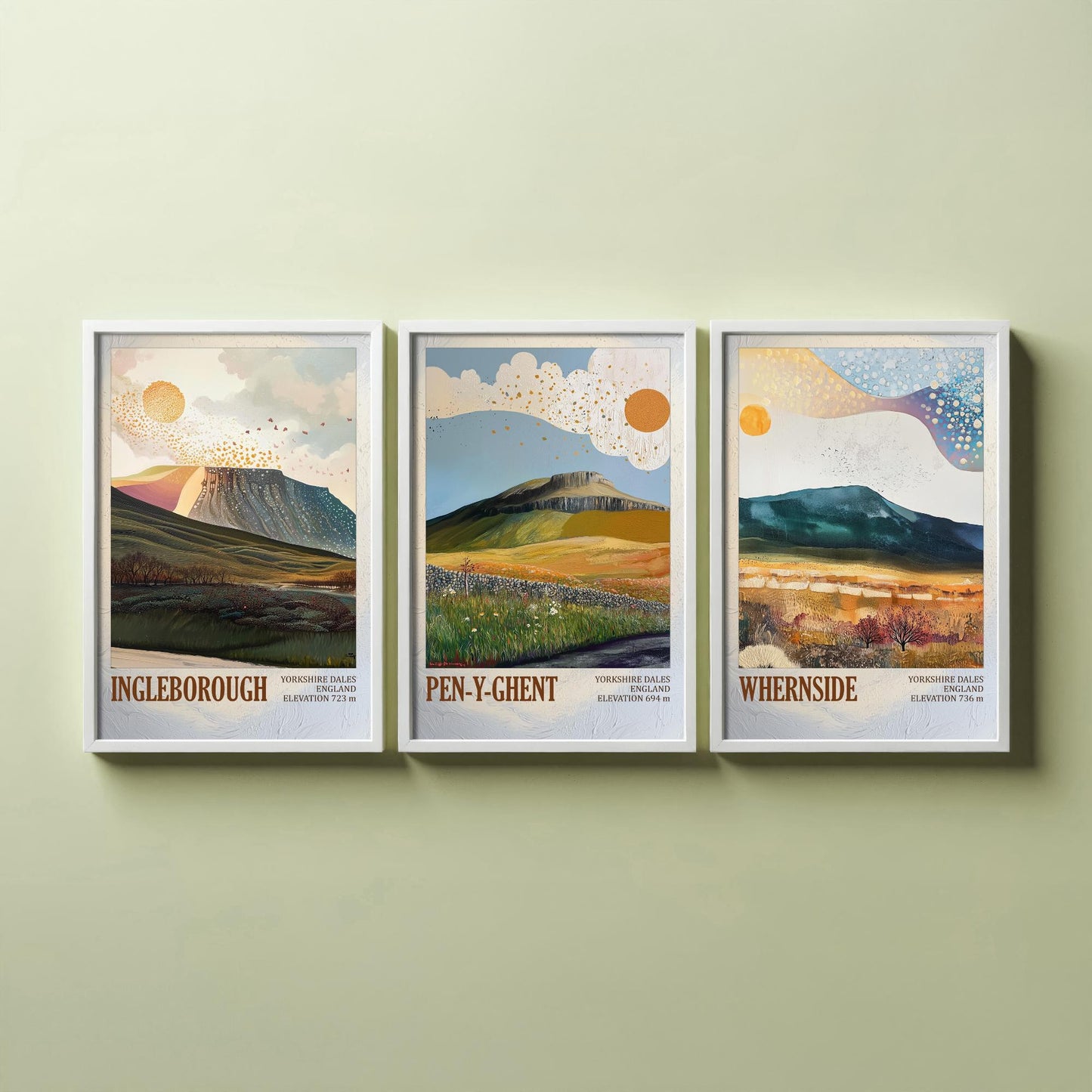 Yorkshire Three Peaks Set of Three Art Prints - Layers of Foil Ingleborough Pen-y-ghent Whernside - 3 Dales Mountain Posters Painting V2