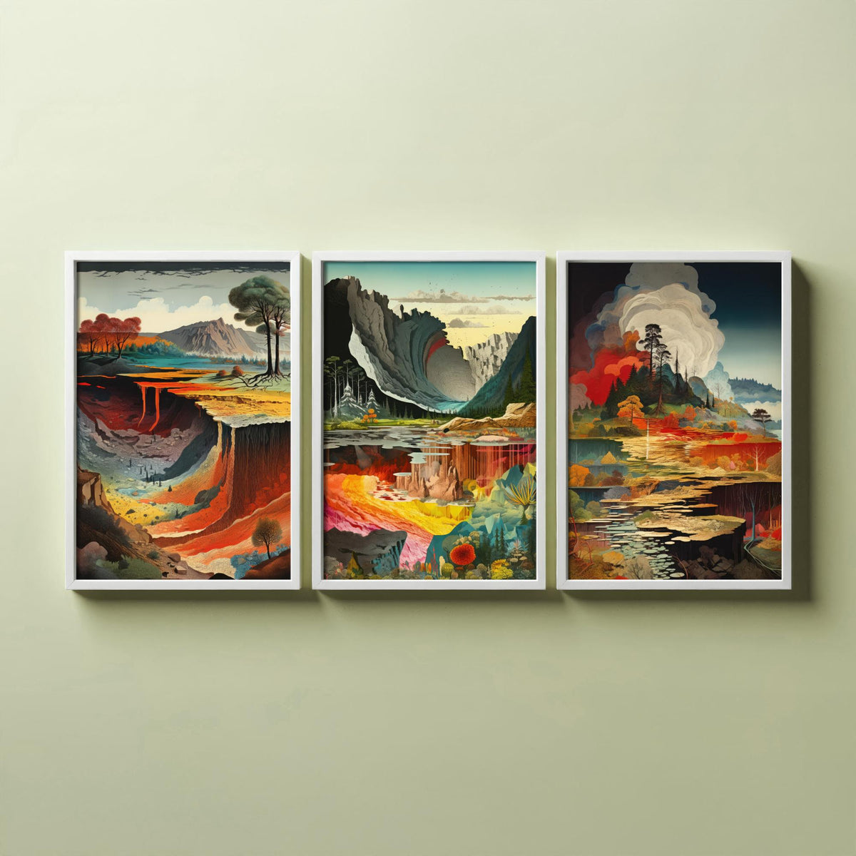 Topographical Explosion Set of Three Art Prints - Lava Canyon, Rainbow Strata, Smoking Forest Lake - Surreal Illustration Poster V1