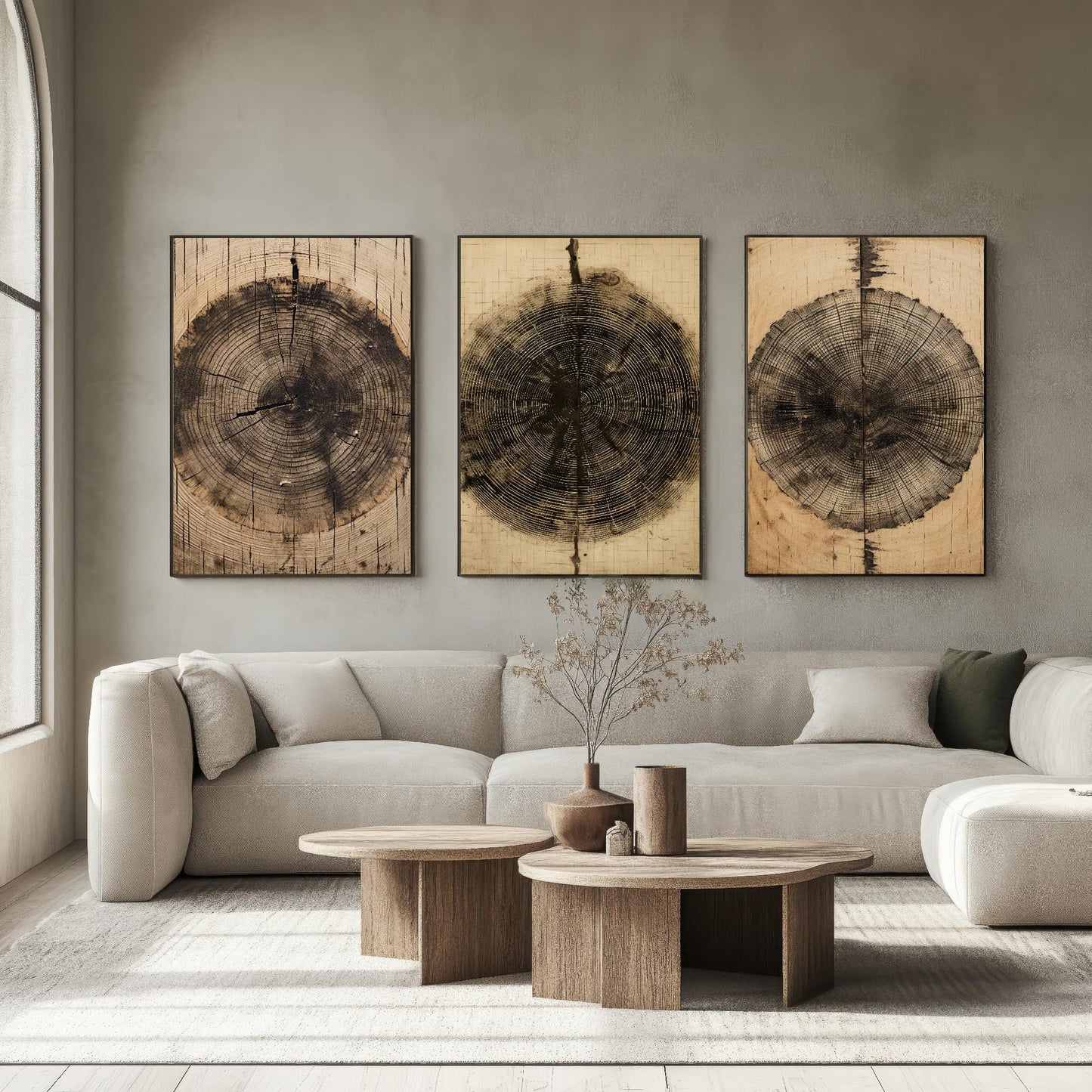 Set of Three Tree Ring Stump Paintings - 3 Natural Pattern Art Prints - Photo Poster Wall Gift Giclée Décor, Organic Wood Wooden Aged