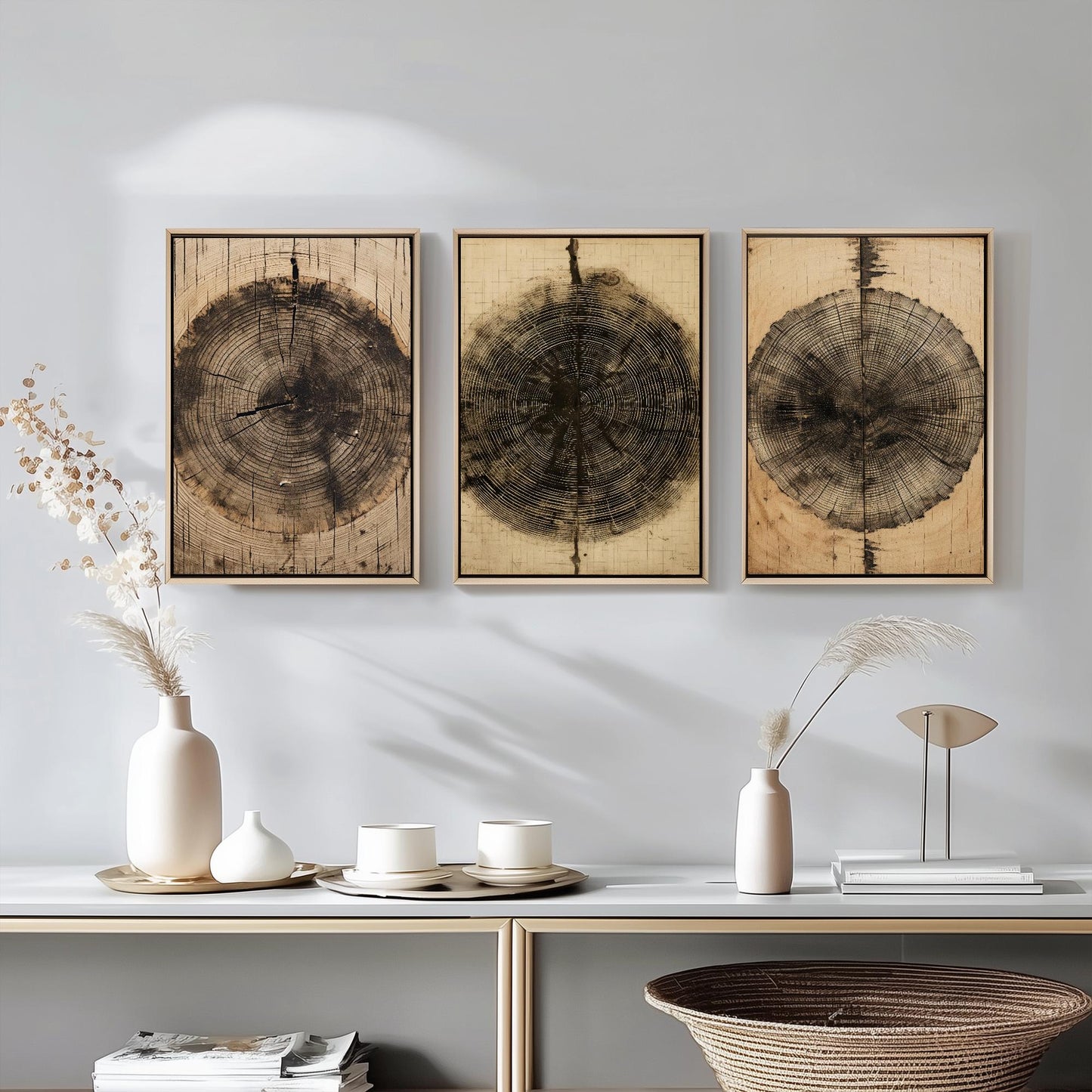 Set of Three Tree Ring Stump Paintings - 3 Natural Pattern Art Prints - Photo Poster Wall Gift Giclée Décor, Organic Wood Wooden Aged