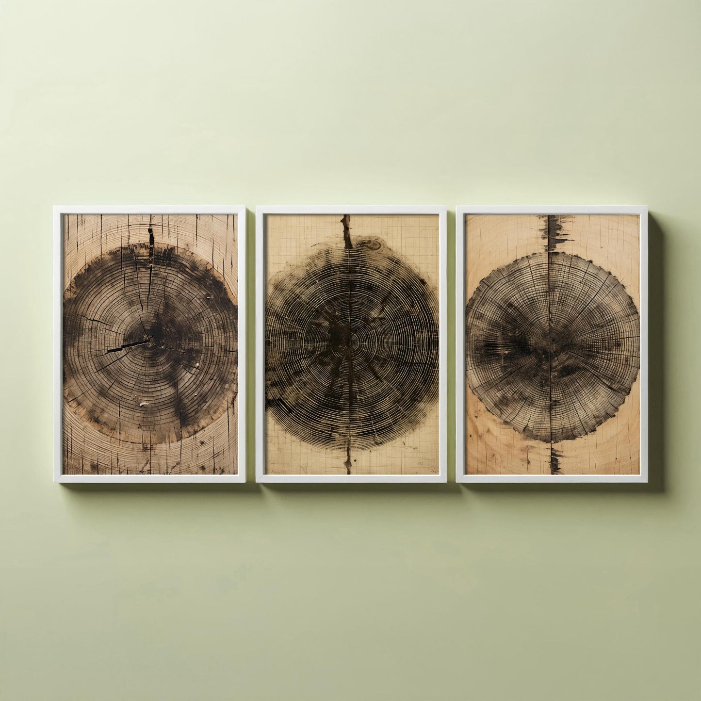 Tree Ring Brown Lines Set of Three Art Prints - 3 Wood Grain Dendrochronology Posters - Rustic Nature Wall Illustration Decor Gift