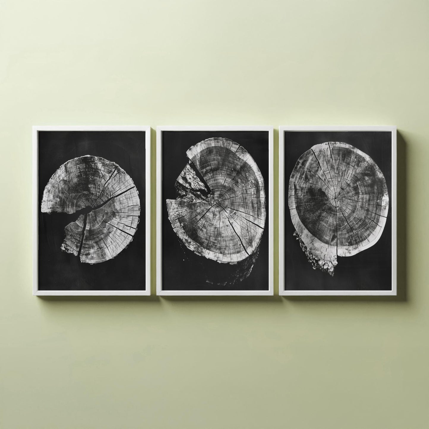 Inverted Grey Cracked Tree Ring Set of Three Art Prints Poster Illustration V2