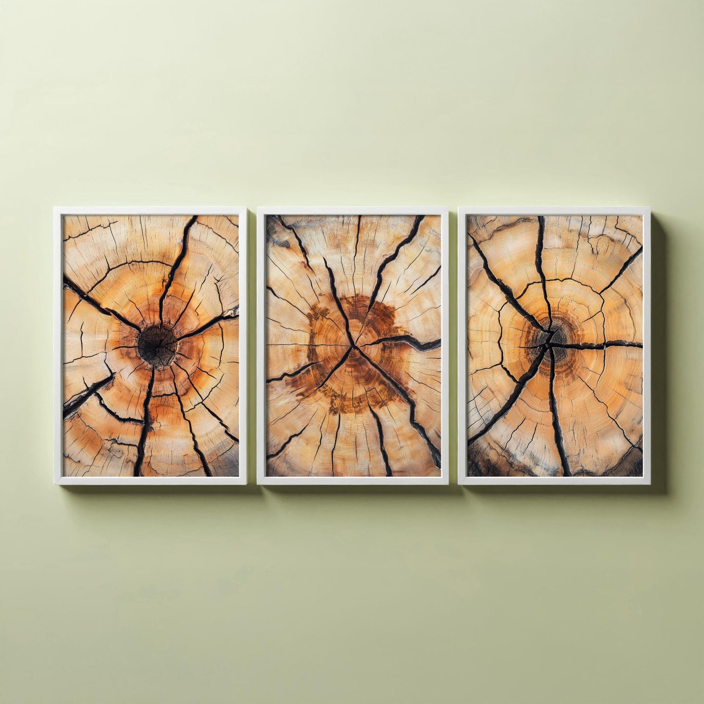 Fiery Amber Cracked Tree Ring Set of Three Art Prints Poster Painting Decor V5