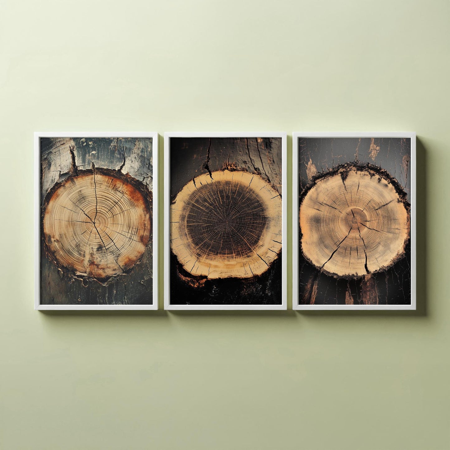 Moody Charcoal and Rust Tree Ring Set of Three Art Prints Poster Painting V7