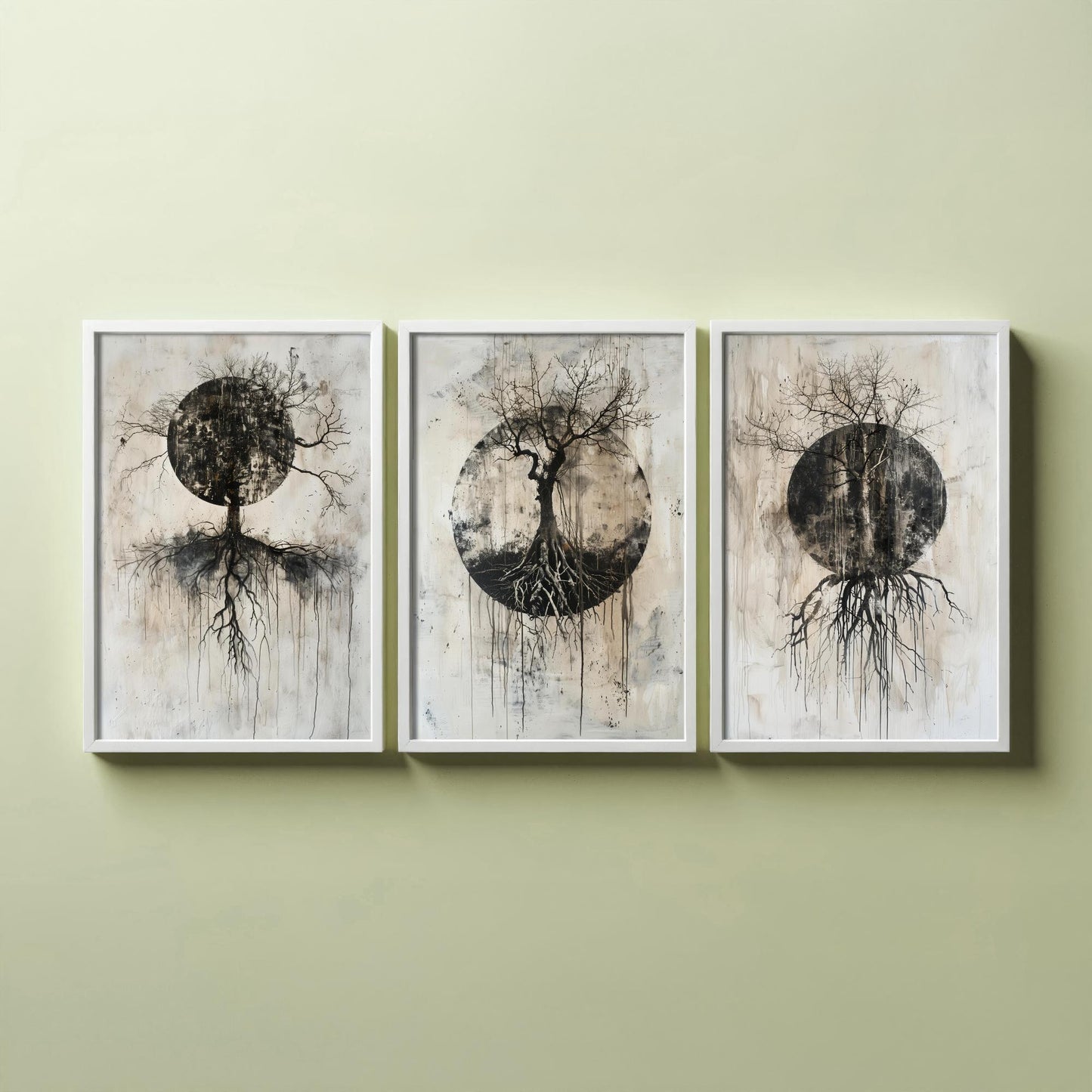 Spooky Black Circle Tree Roots Set of Three Art Prints Poster Illustration Beige