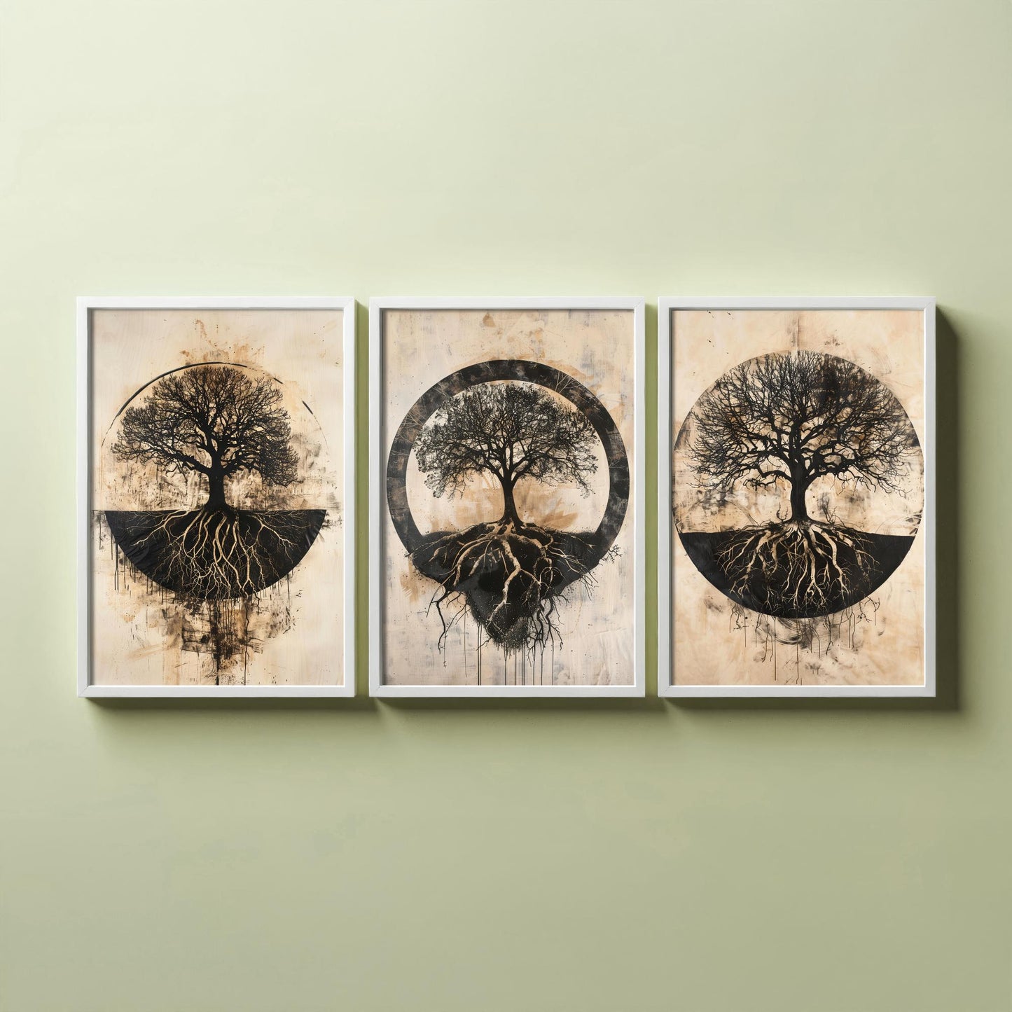 Sepia Silhouette Tree and Roots Circle Set of Three Art Prints Poster Illustration