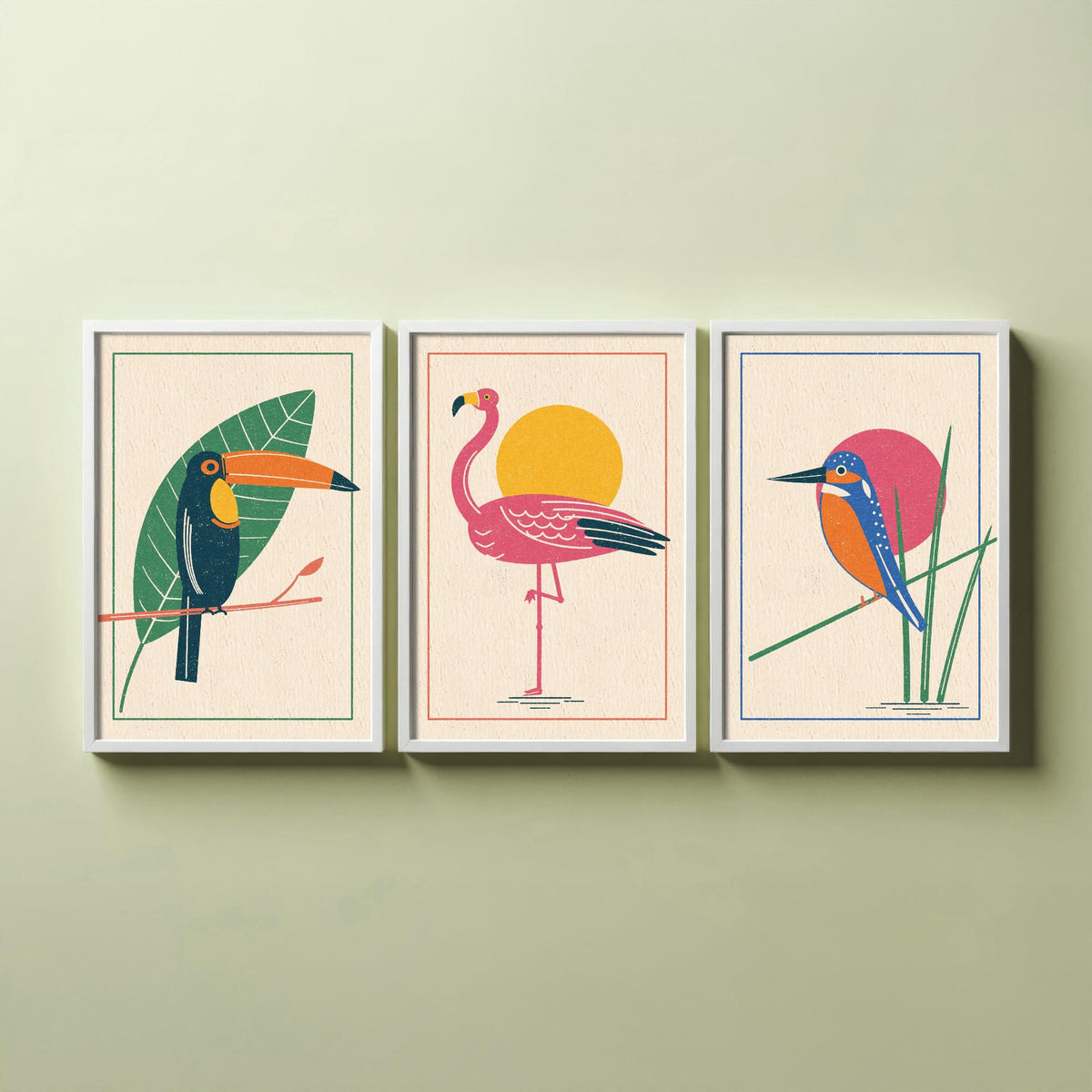 Tropical Bird Set of Three Art Prints - Toucan, Flamingo, Kingfisher - Linocut Style Poster Illustration V1