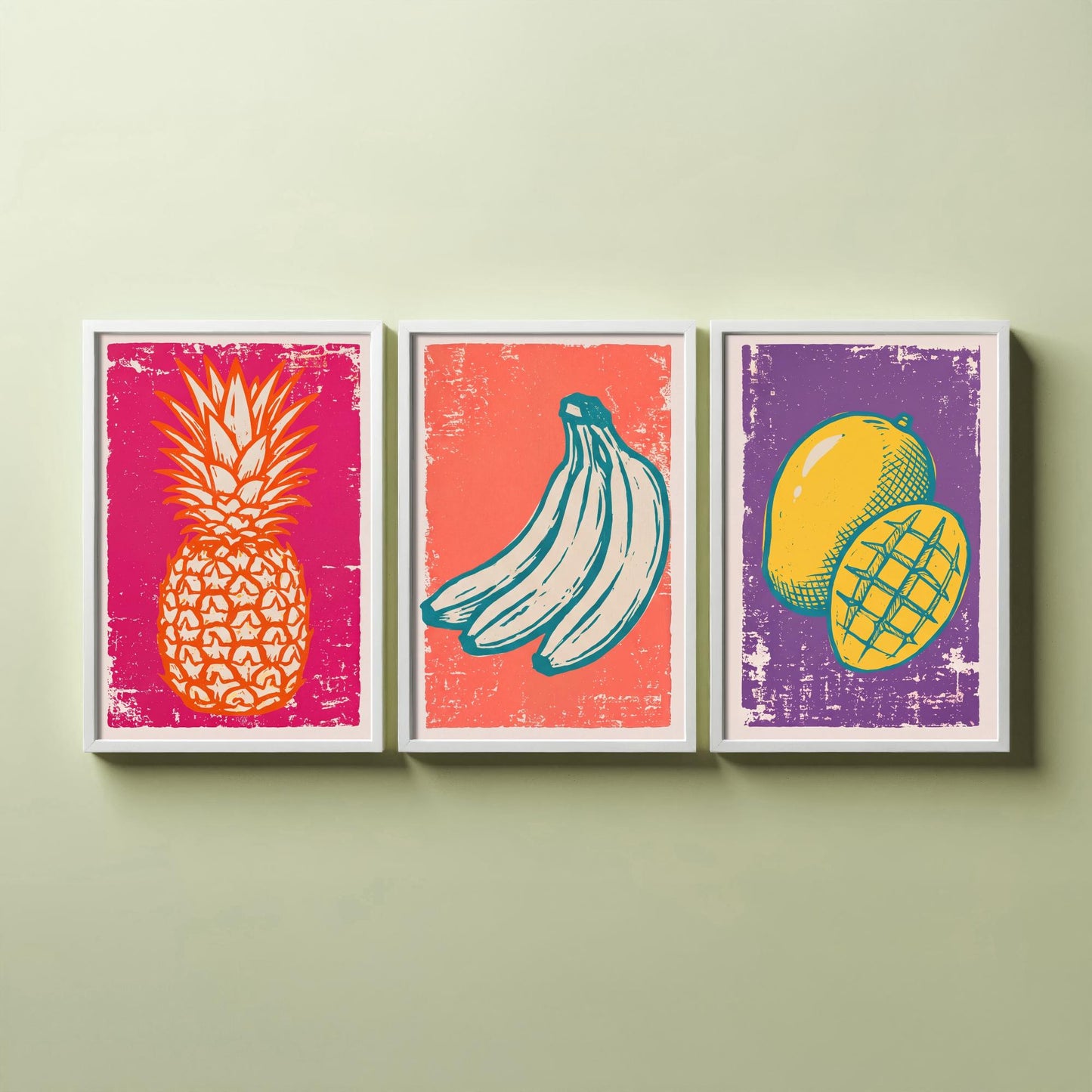 Set of Three Pineapple, Bananas and Mango Art Prints - Tropical Fruit Linocut Illustrations - Retro Kitchen Posters V1
