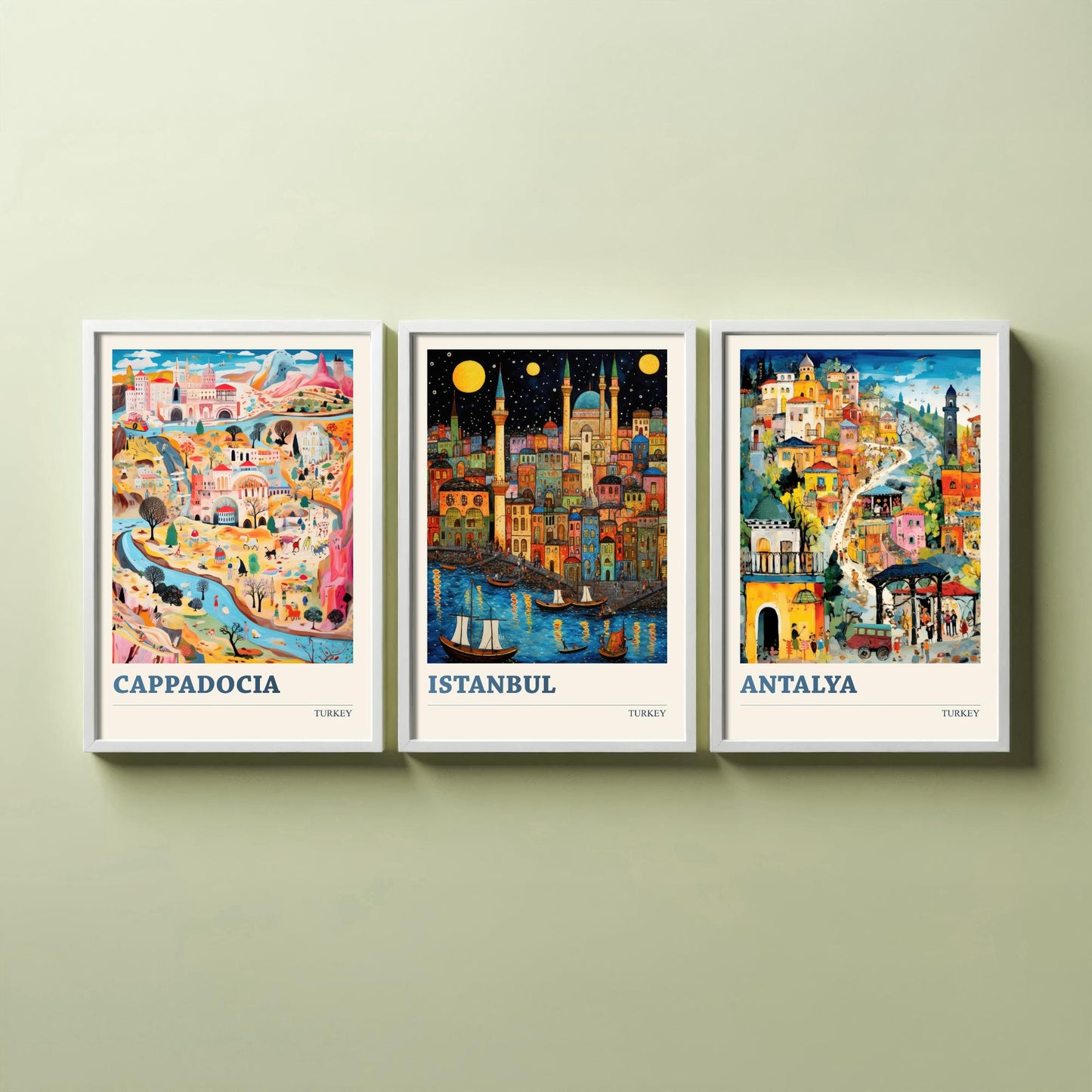 Turkey Set of Three Art Prints - Cappadocia, Istanbul, Antalya - Vibrant Modern Travel Posters - Colourful Illustration Wall Set