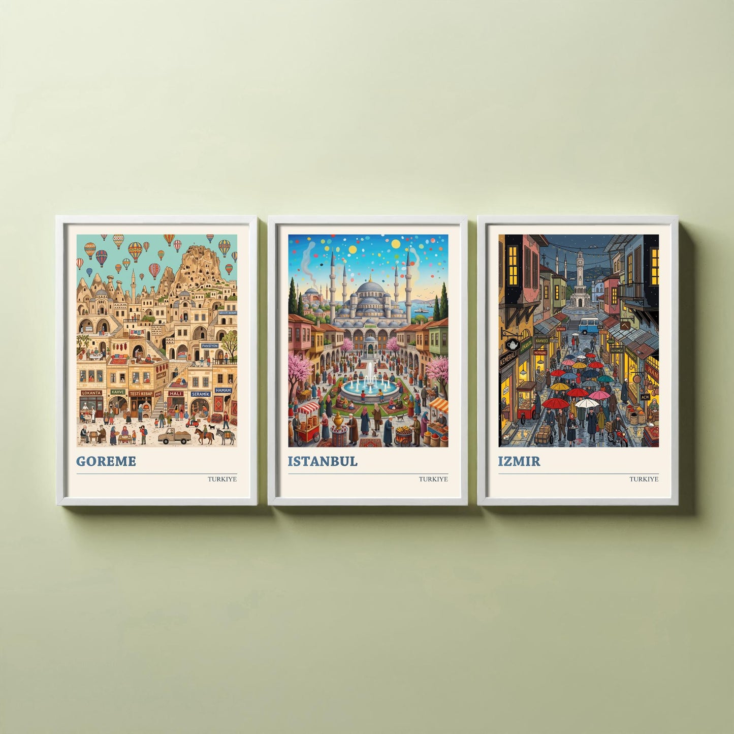 Turkiye Set of Three Art Prints - Goreme, Istanbul, Izmir - 3 Colourful Folk Illustration Travel Posters - Turkish Cities Painting