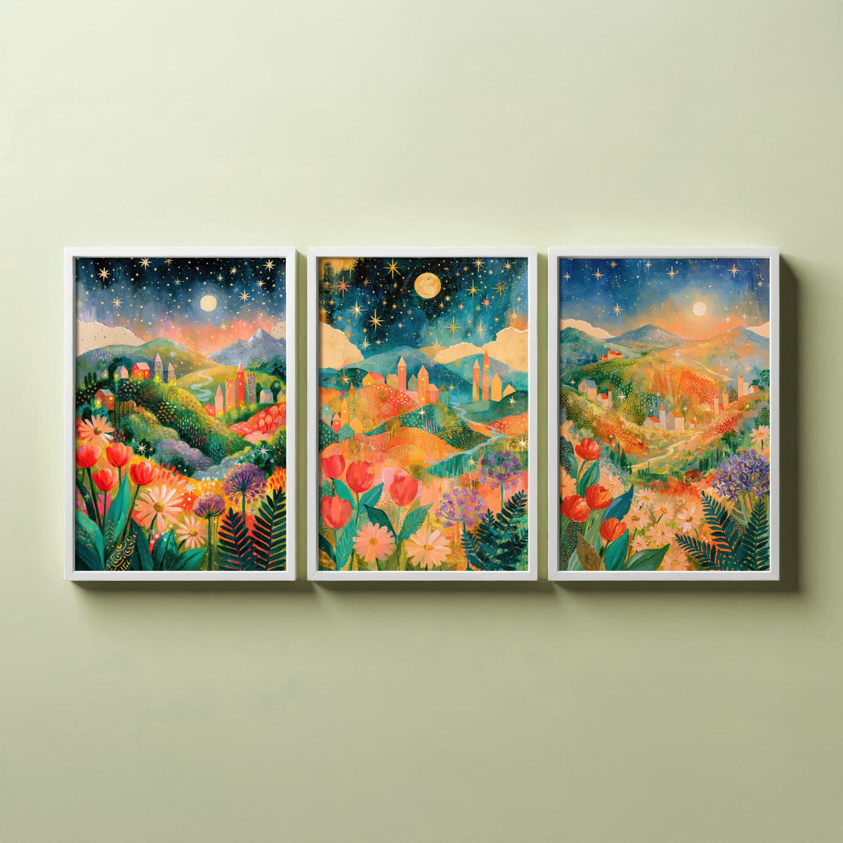 Tuscany Italy Set of Three Art Prints - Val d'Orcia, San Gimignano, Chianti - Starry Night Rolling Hills Paintings - Folk Art Posters