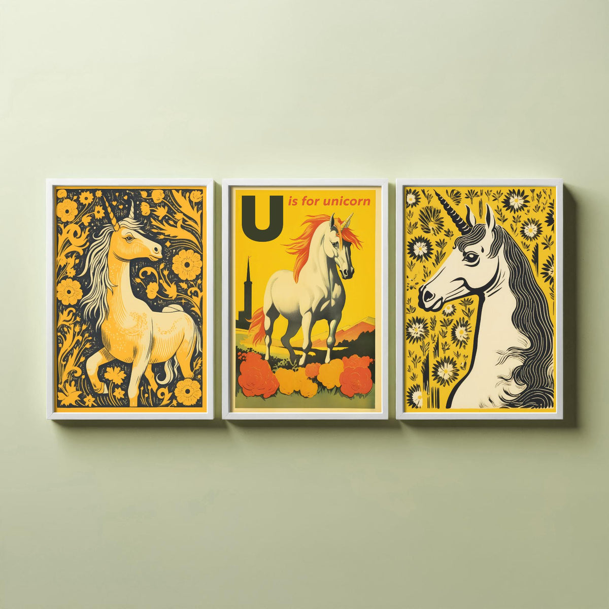 U is for Unicorn Set of Three Art Prints - Alphabet Letter U - Retro Yellow Unicorn Poster Illustration