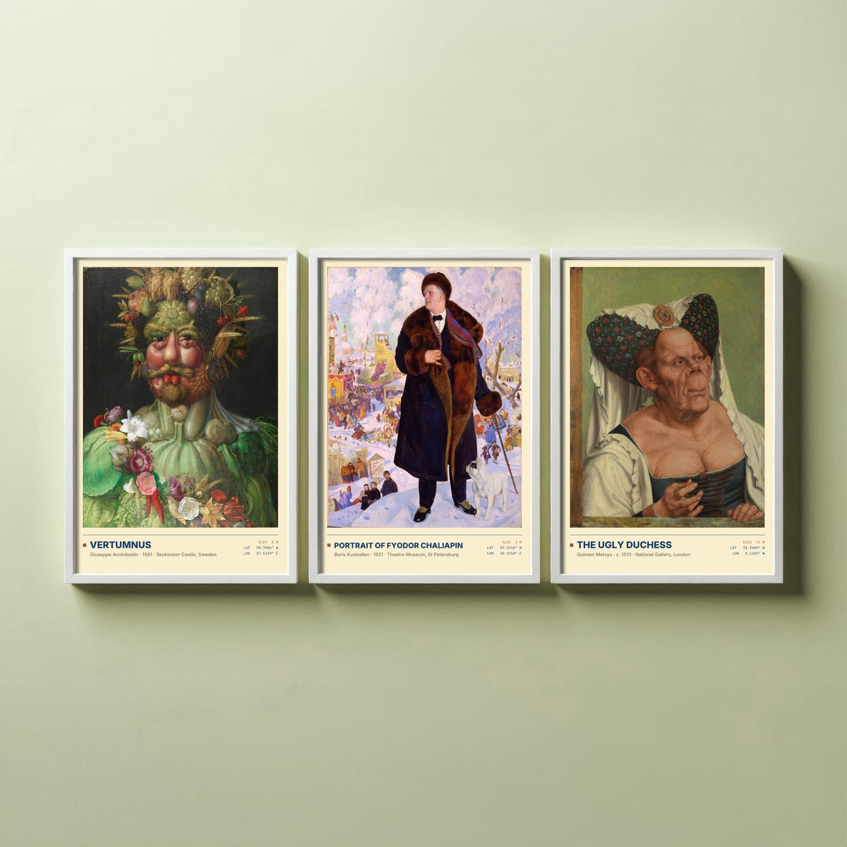 Unconventional Portraits Set of Three Art Prints - Vertumnus, Chaliapin, The Ugly Duchess - Arcimboldo Matsys Kustodiev Posters - Paintings
