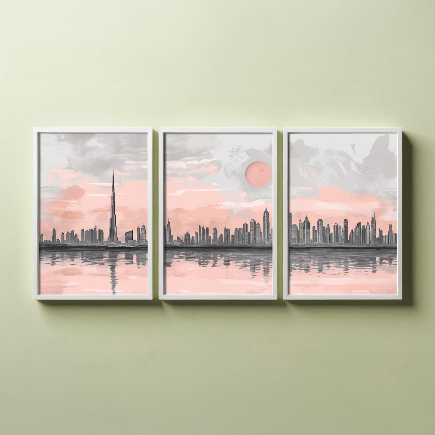 Dubai UAE Set of Three Art Prints | Burj Khalifa Skyline Pink Grey Poster Illustration
