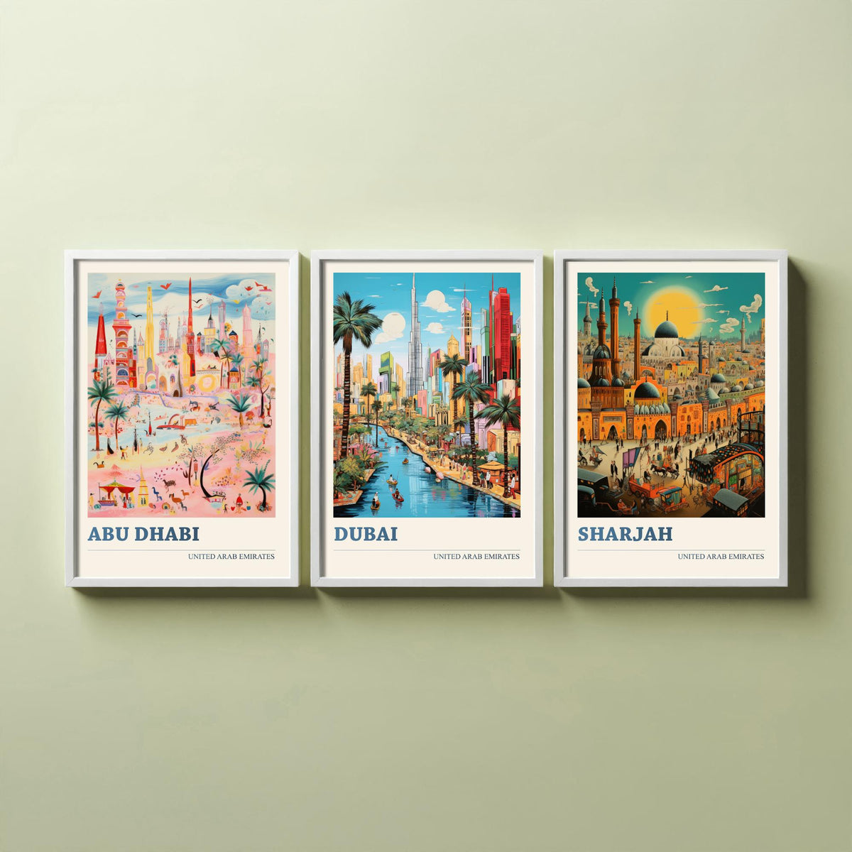 Abu Dhabi, Dubai, Sharjah Set of Three Art Prints - United Arab Emirates Ludwig Modern Travel Poster - UAE Folk City Illustration