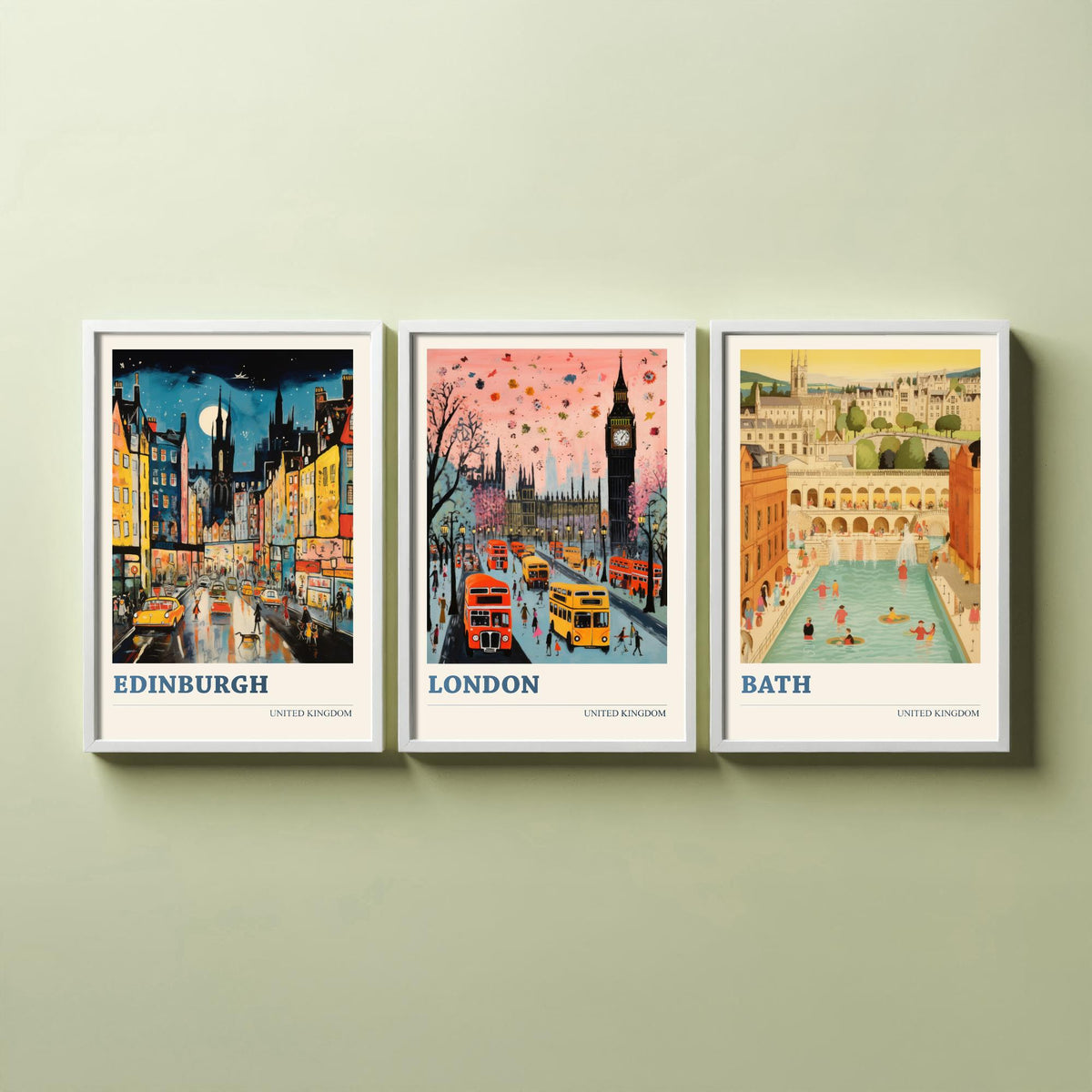 Edinburgh, London, Bath Set of Three Art Prints - United Kingdom Ludwig Modern Poster - Big Ben, Roman Baths Illustration