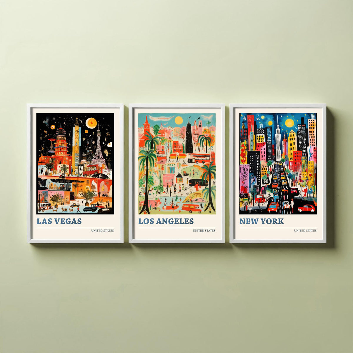 Las Vegas, Los Angeles, New York Set of Three Art Prints - United States Ludwig Modern Travel Poster - American City Illustration