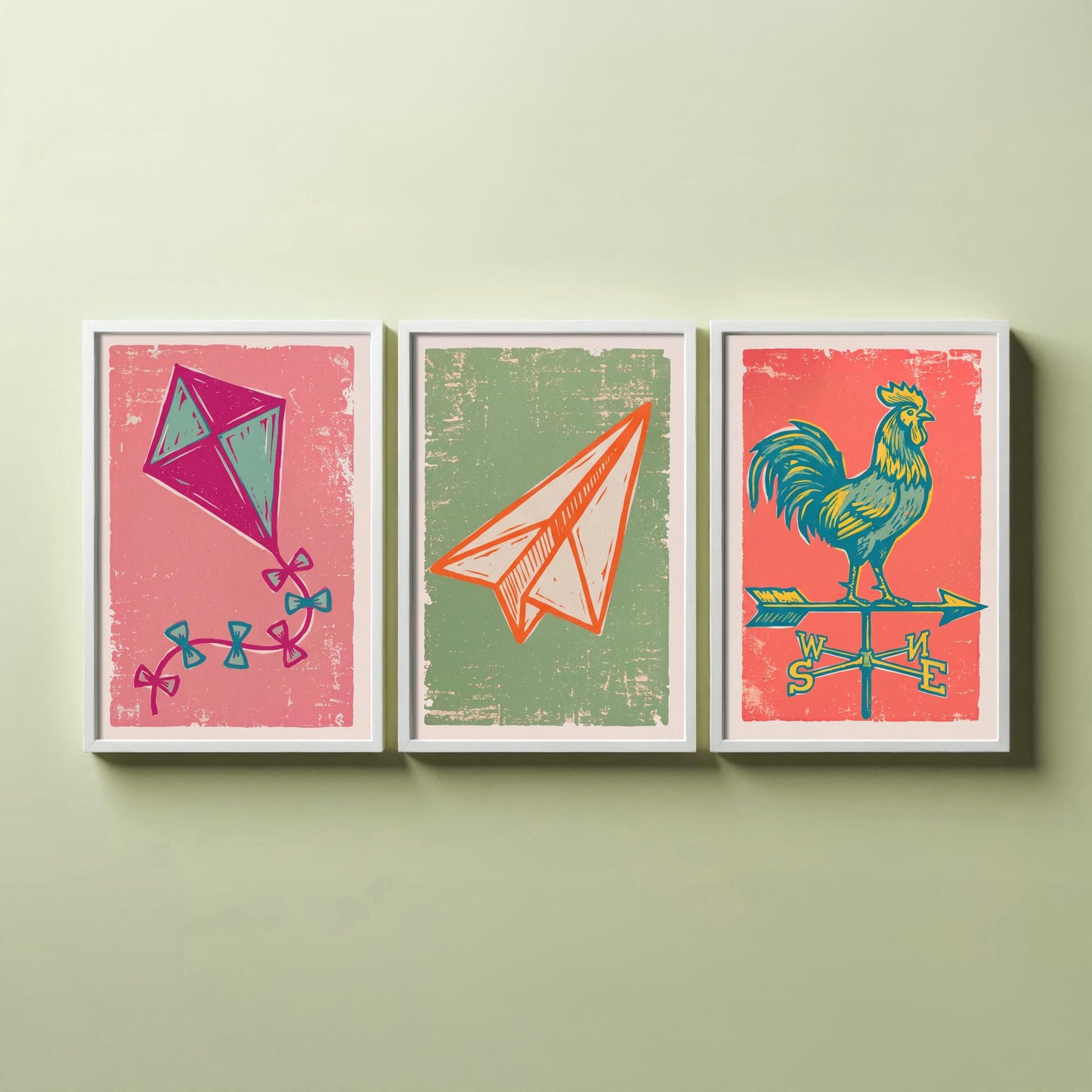 Kite, Paper Aeroplane and Weathervane - Set of Three Linocut Illustrations - Sky Art Prints - Up in the Air Posters V2