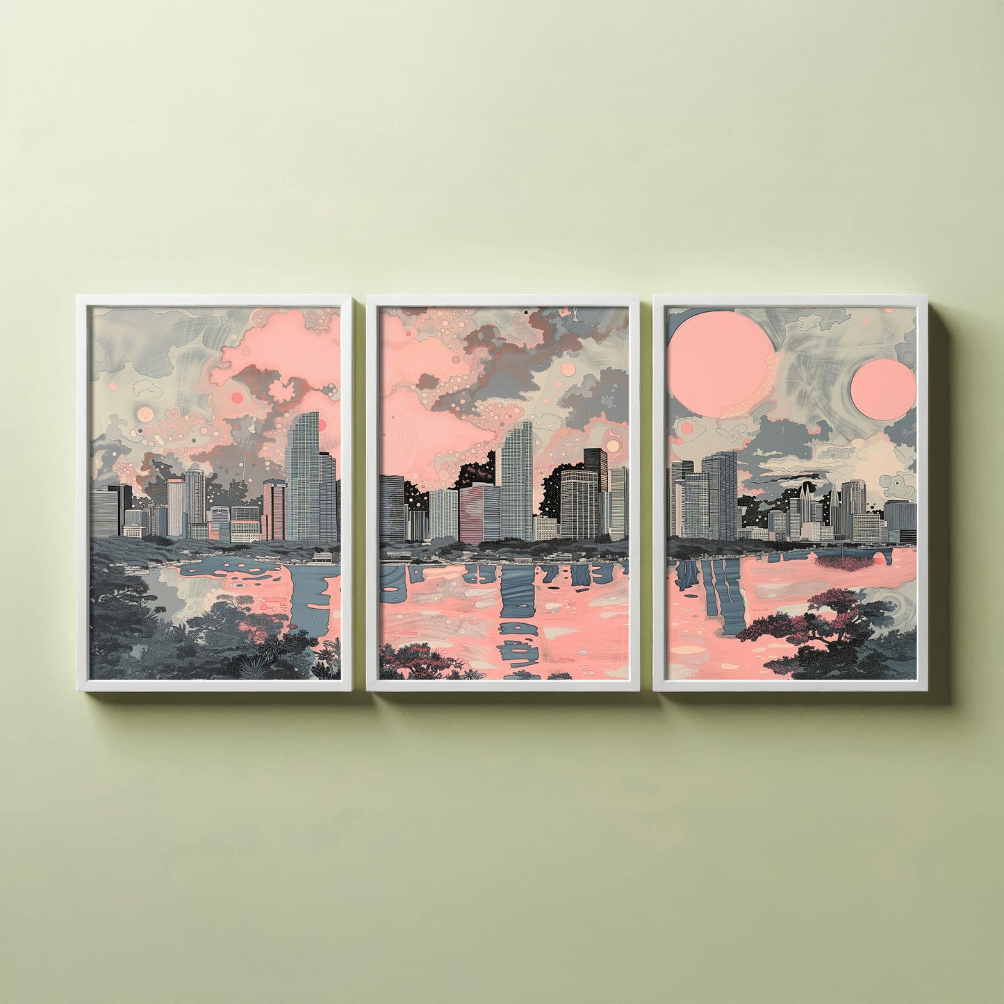 Miami USA Set of Three Art Prints | Skyline Bay Wall Art | Pink Grey Poster Illustration