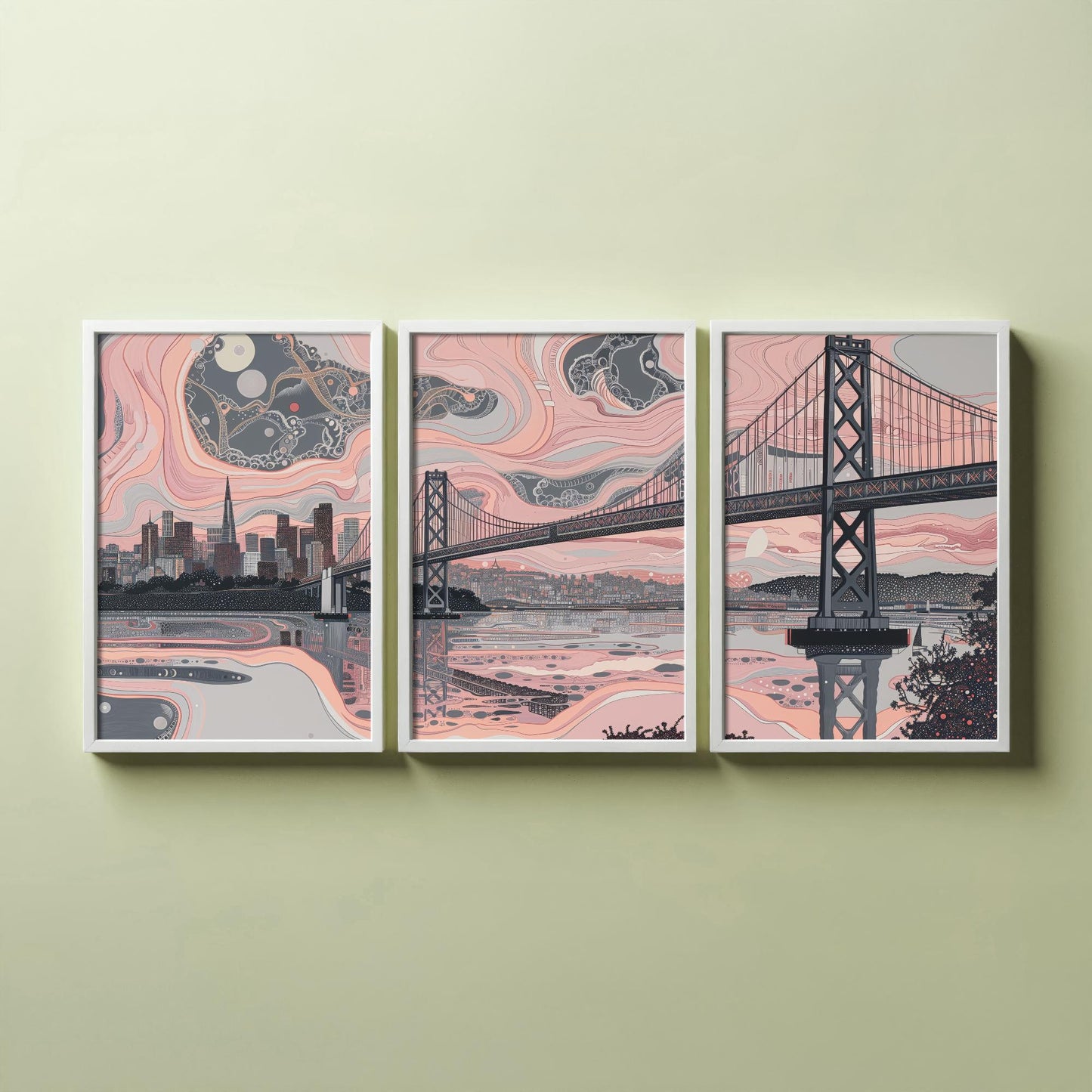 San Francisco USA Set of Three Art Prints | Golden Gate Bridge Wall Art | Pink Grey Poster Illustration