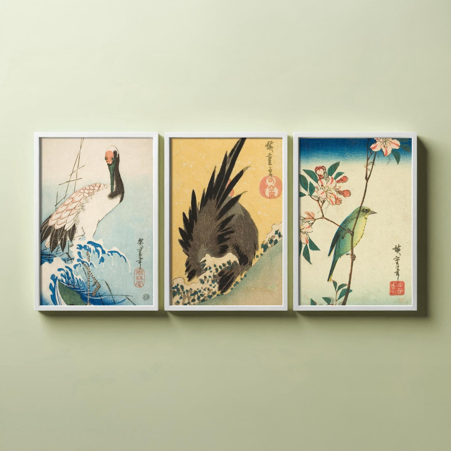 Utagawa Hiroshige Set of Three Art Prints | 3 Ukiyo-e Bird Paintings | Crane and Waves Rooster White-Eye Poster Wall Giclee