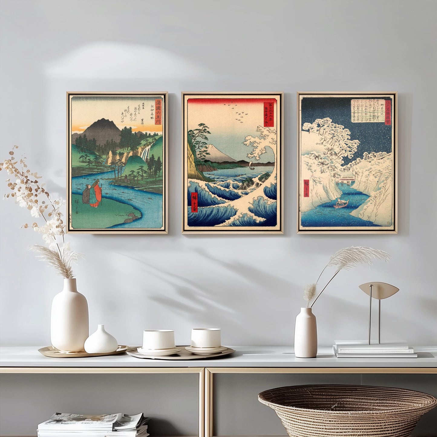 Set of Three Utagawa Hiroshige Water Prints - 3 Classic Paintings - Photo Poster Wall Art Gift Giclée Museum Quality - Jewel River, Seascape