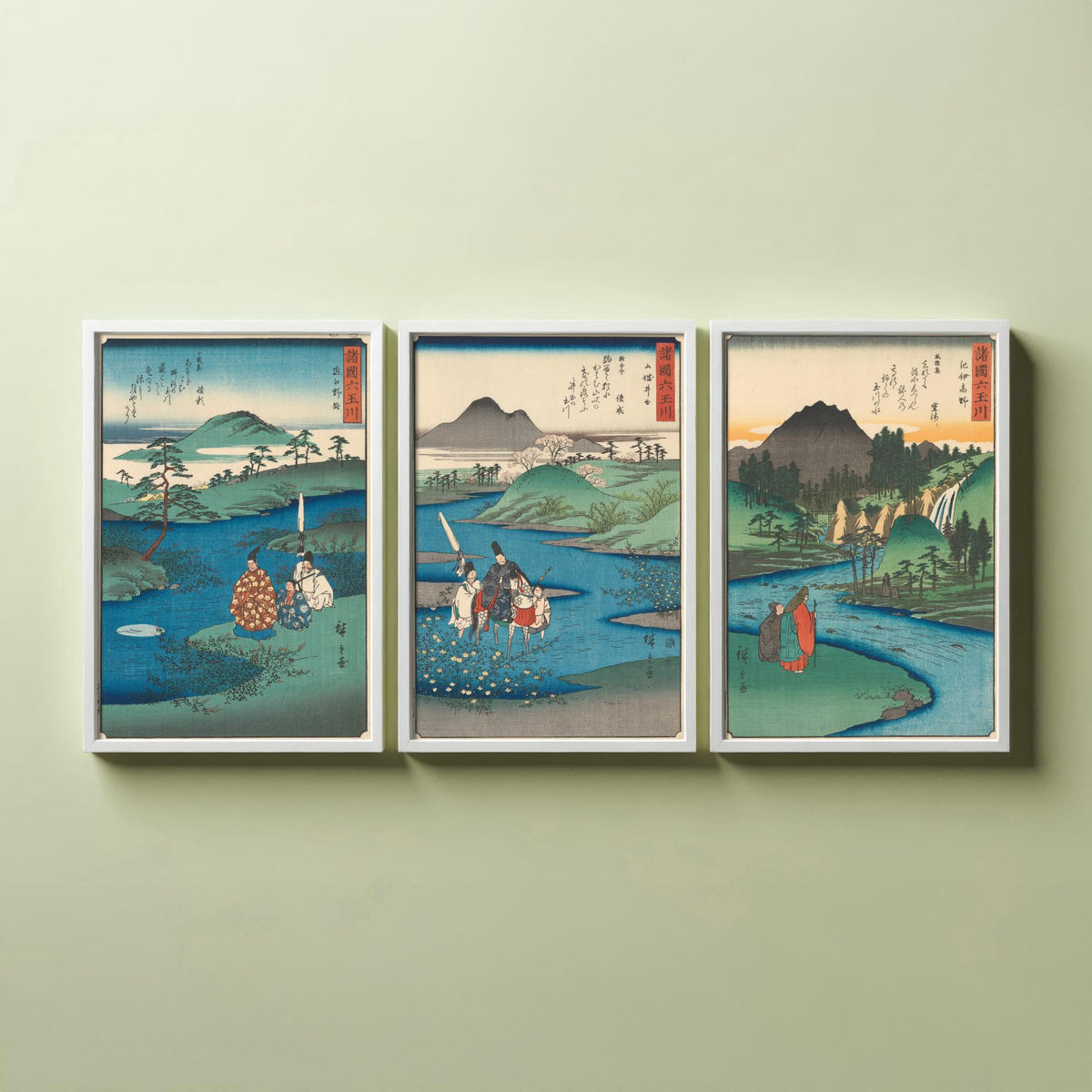Hiroshige Six Jewel Rivers Set of Three Art Prints - Noji, Ide, Koya Tama River Scenes - Japanese Ukiyo-e Woodcut Poster