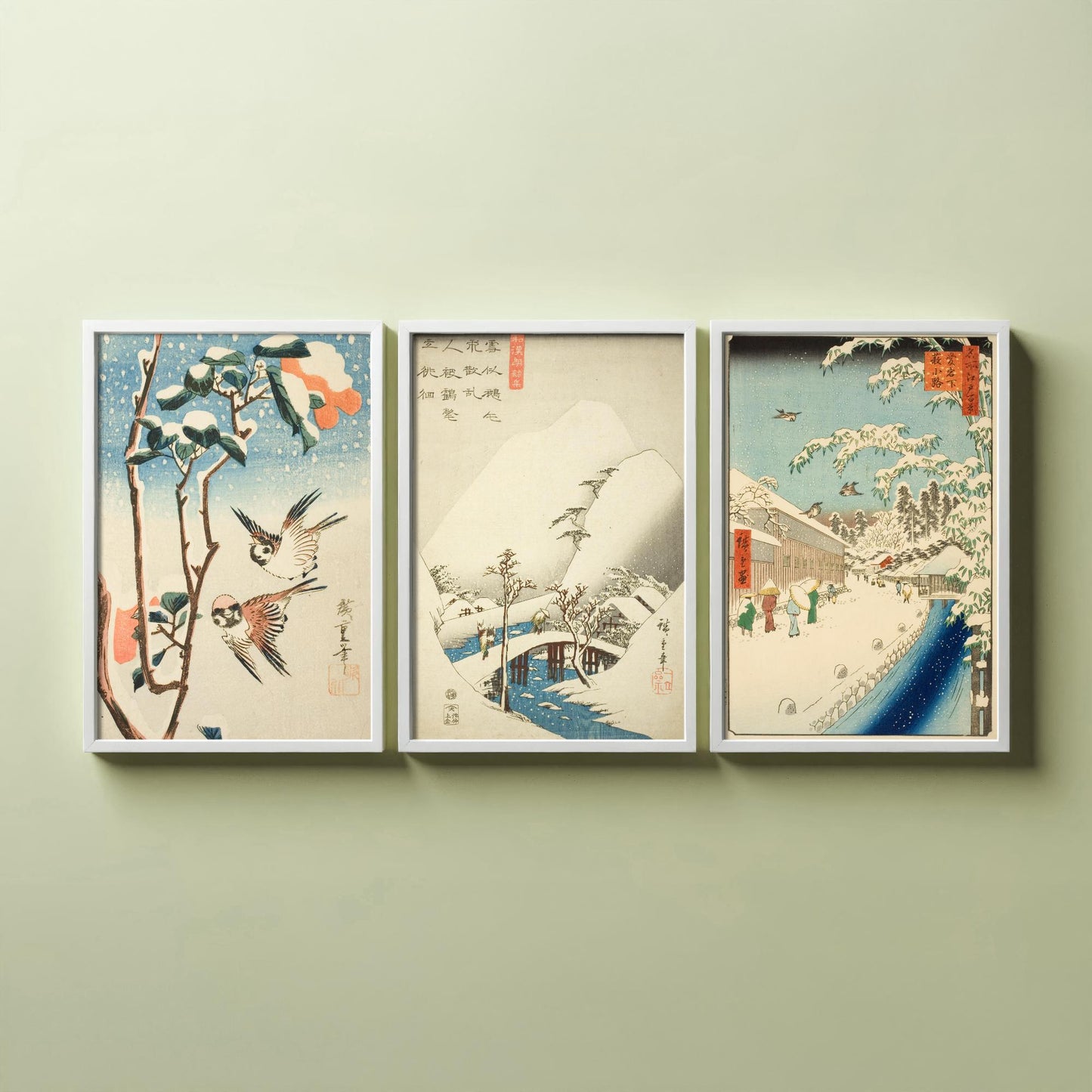 Utagawa Hiroshige Set of Three Art Prints | 3 Ukiyo-e Snow Paintings | Sparrows and Camellia Bridge Yabu Street Poster Museum