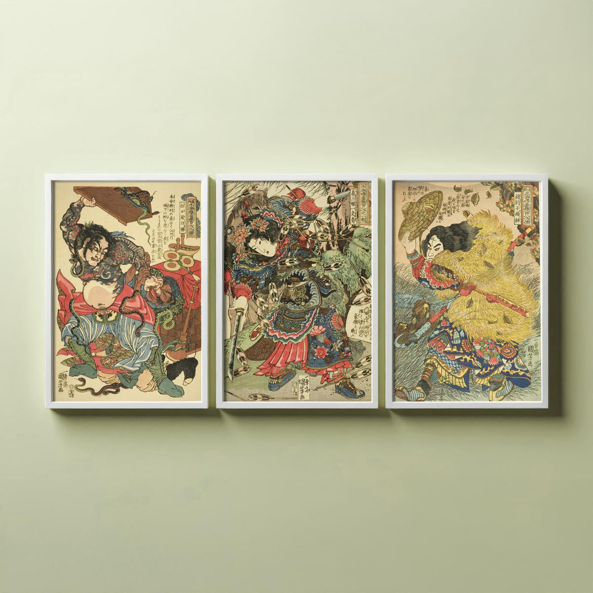 Kuniyoshi Suikoden Heroes Set of Three Art Prints - Bai Sheng, Hu Sanniang, Yang Lin - Japanese Warrior Woodcut Poster