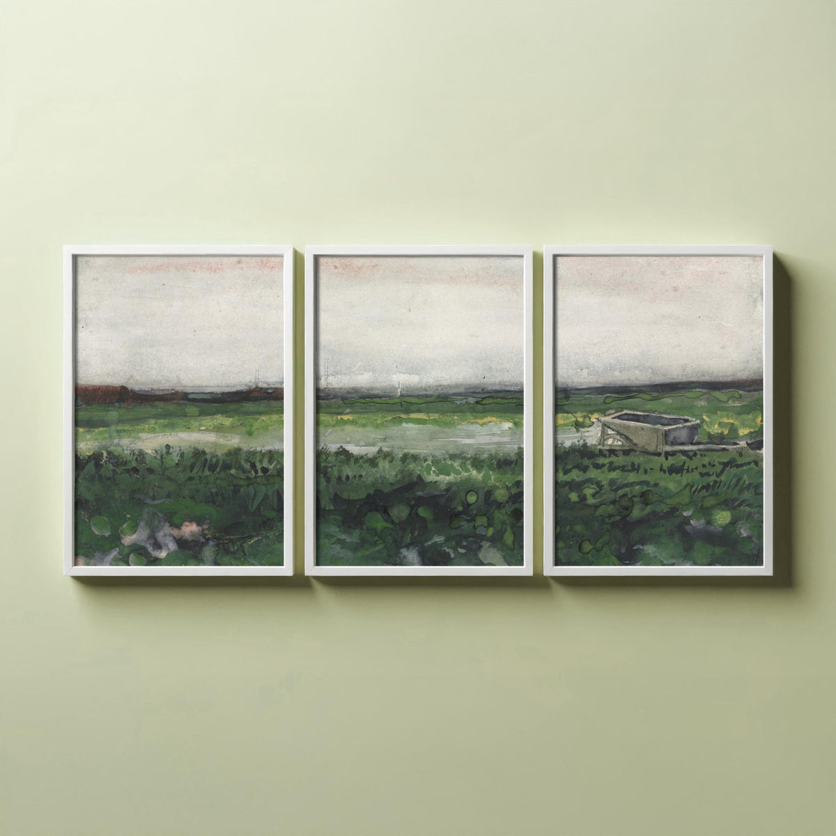 Van Gogh Heath with a Wheelbarrow Set of Three Art Prints - Drenthe Moorland, Grey Sky, Green Heath - Dutch Landscape Watercolour Poster