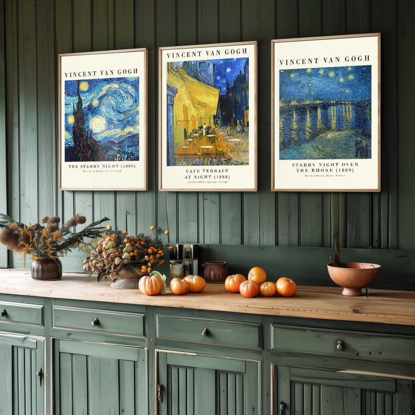 Set of Three Vincent Van Gogh Night Scene Prints - 3 Paintings Photo Poster Wall Art Gift Giclée Museum Starry Night Rhone Night Café