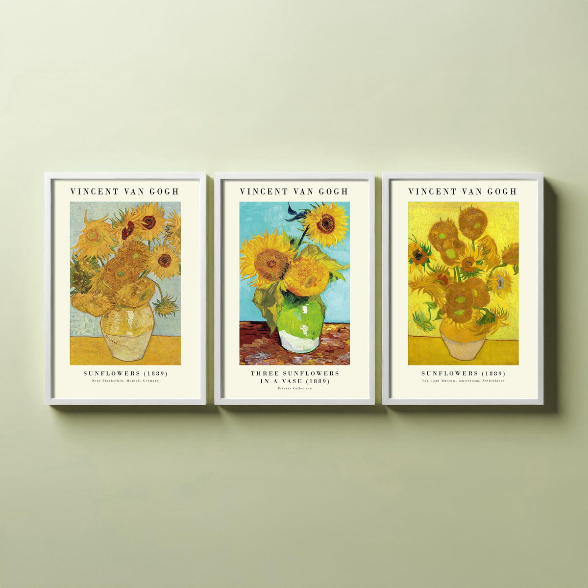 Van Gogh Sunflowers Exhibition Set of Three Art Prints - Munich, Three in a Vase, Amsterdam - Gallery Poster Painting