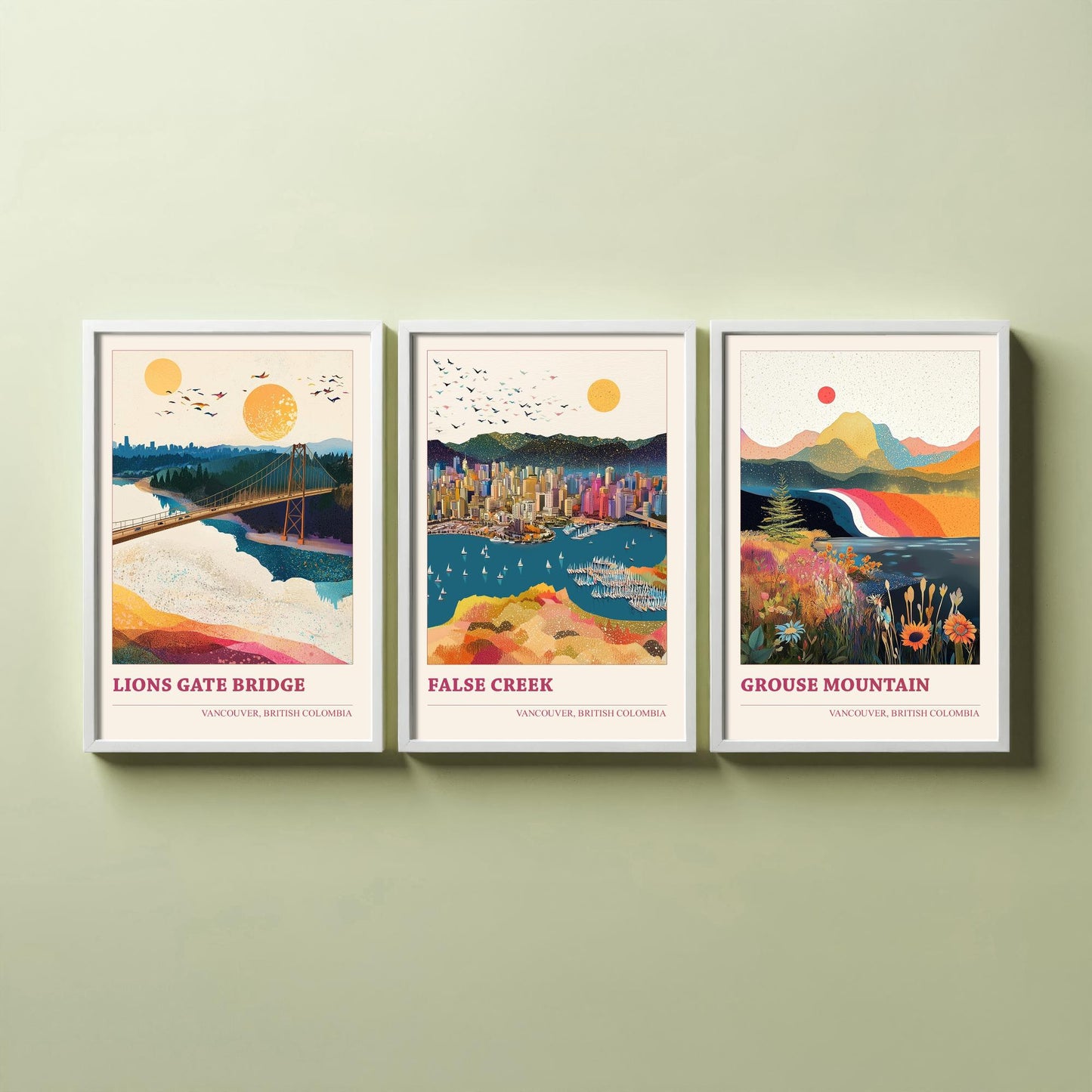 Vancouver Canada Set of Three Art Prints | Lions Gate Bridge False Creek Grouse Mountain | Sprinkle Map Poster Illustration