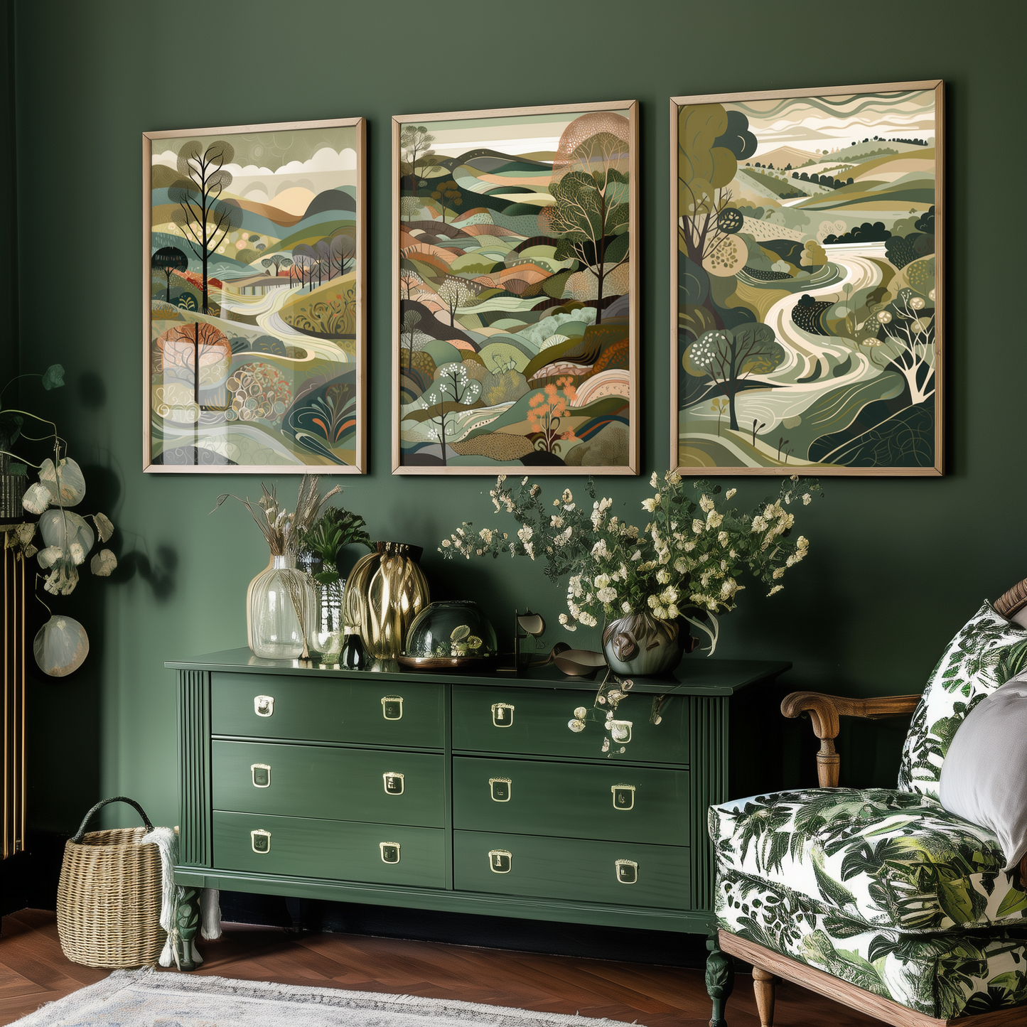 Landscape Illustrations in Olive Green - Set of Three Abstract Art Prints - South Downs Poster