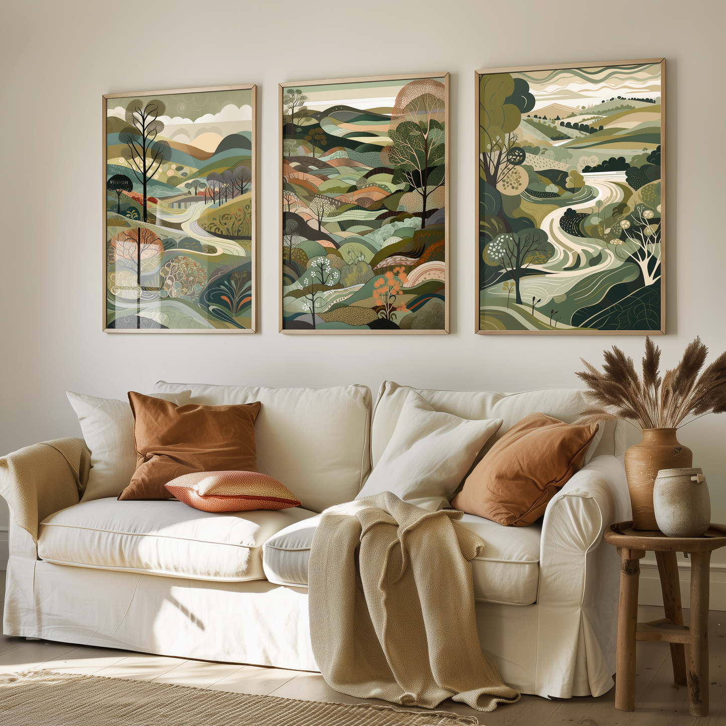 Landscape Illustrations in Olive Green - Set of Three Abstract Art Prints - South Downs Poster