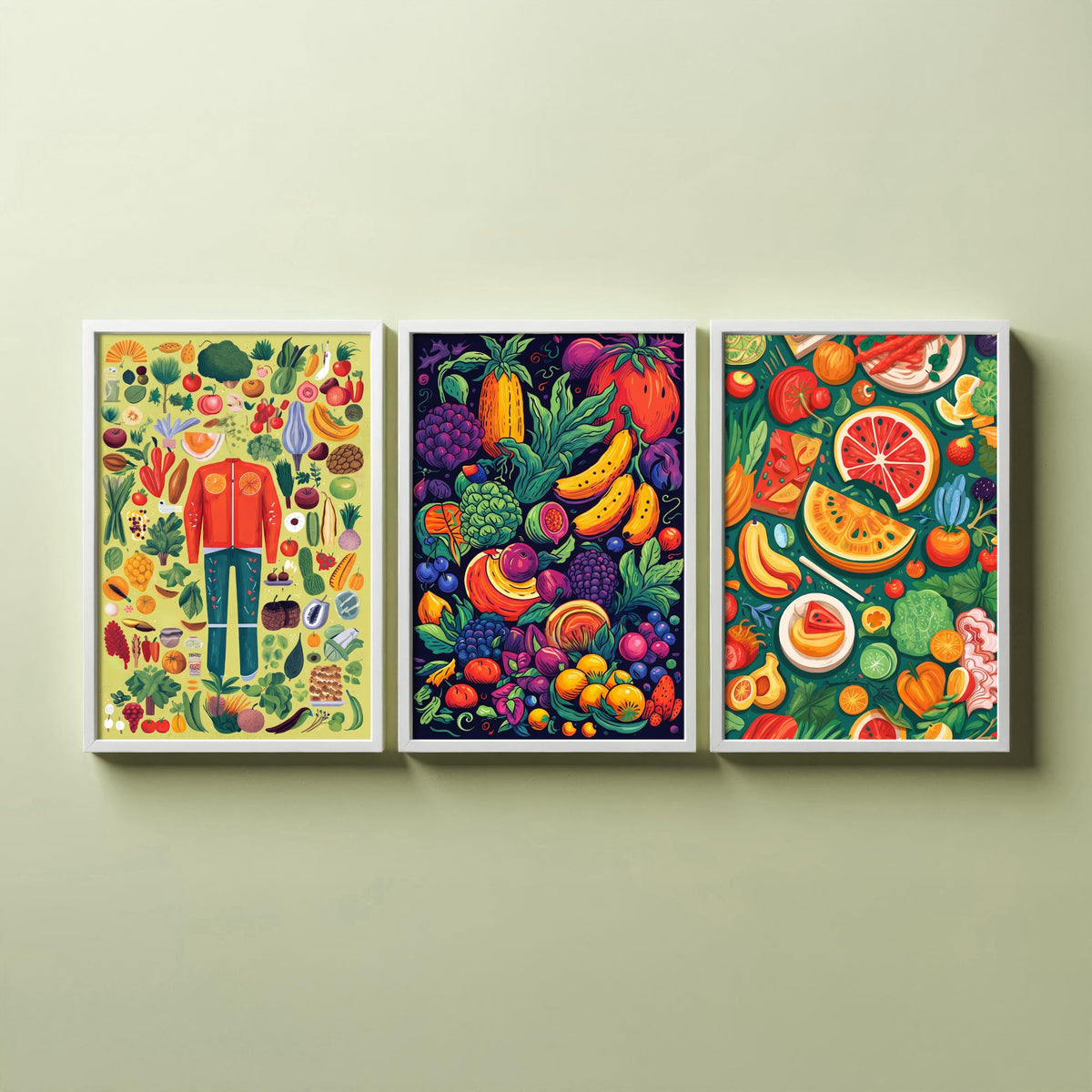 Vegan Kitchen Set of Three Art Prints - Veggie Figure, Fruit Pile on Navy, Watermelon Table - Bold Plant Based Food Illustration Poster V1