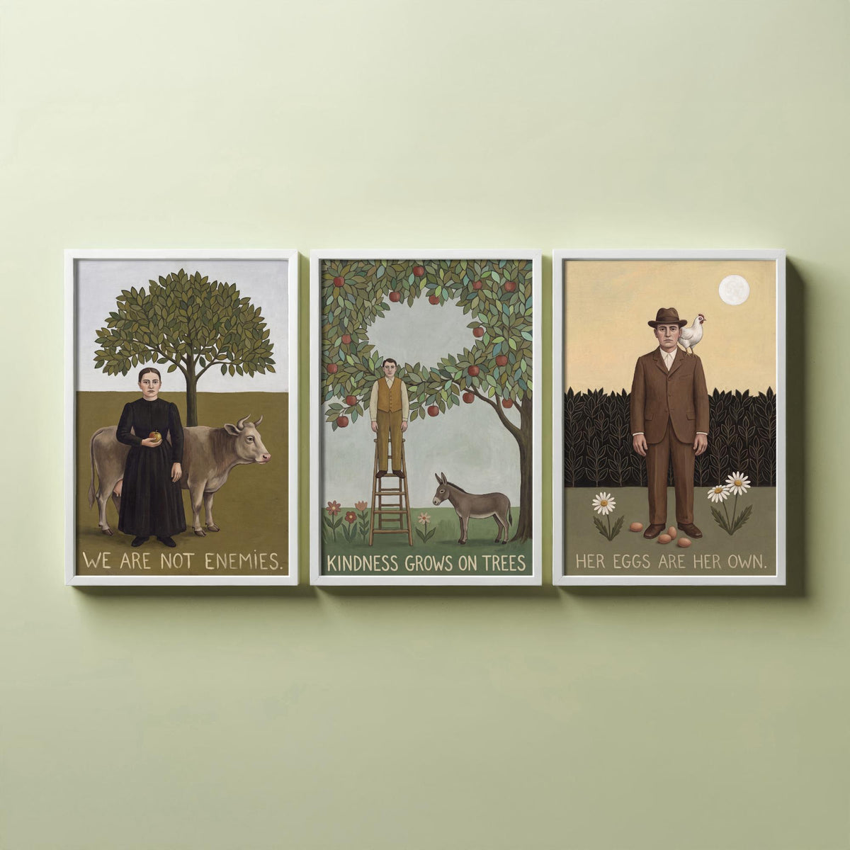 We Are Not Enemies Set of Three Art Prints - Vegan Naive Portrait Paintings - Cow, Orchard, Hen - Kindness Quote Posters