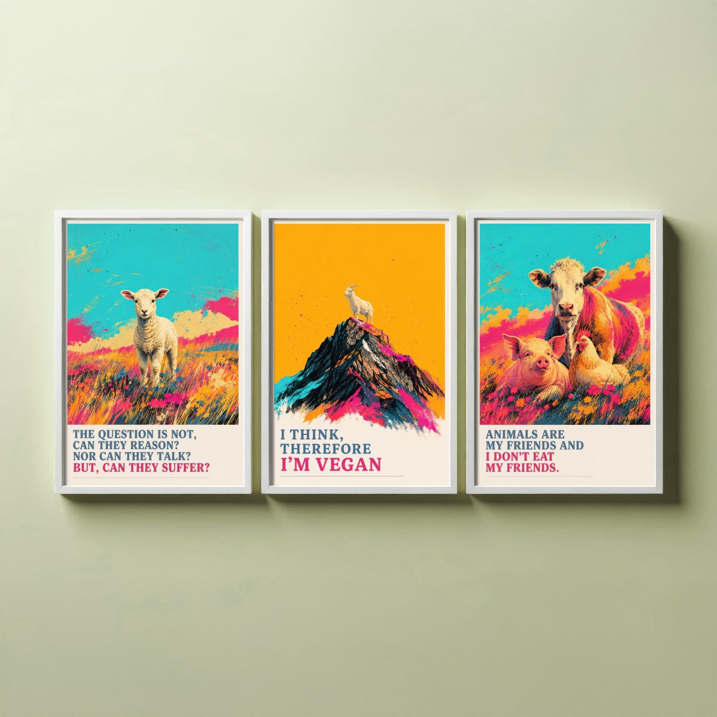 Can They Suffer Set of Three Art Prints | Think Therefore Vegan Friends I Dont Eat | Pop Art Poster Illustration