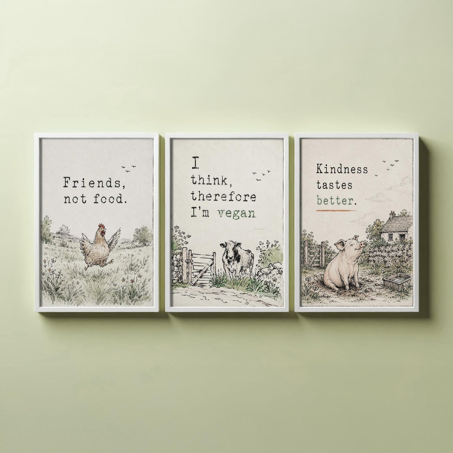 Friends Not Food Set of Three Art Prints | Think Therefore Vegan Kindness Tastes Better | Storybook Watercolour Poster