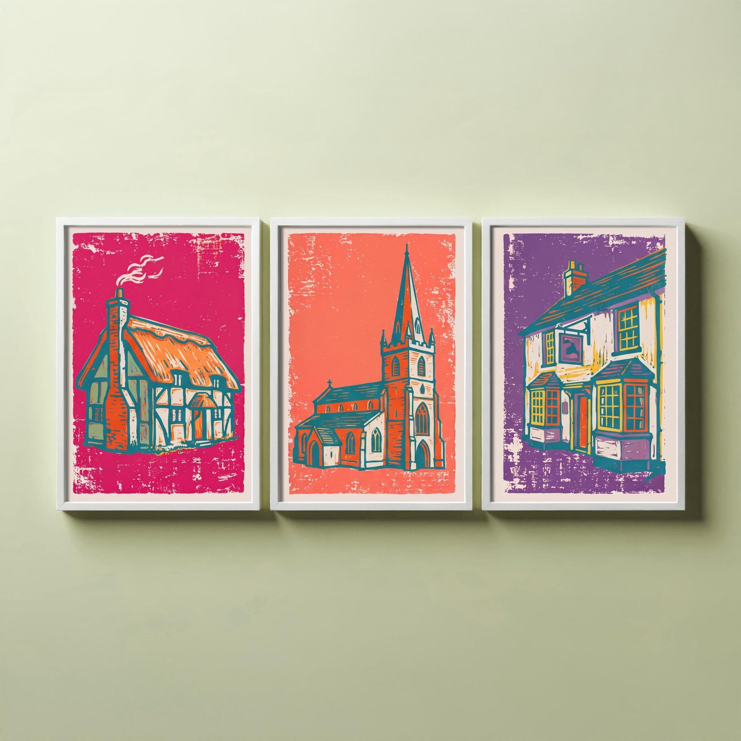 Thatched Cottage, Church & Pub - Set of Three Village Art Prints - Linocut Illustrations - English Buildings Posters V1
