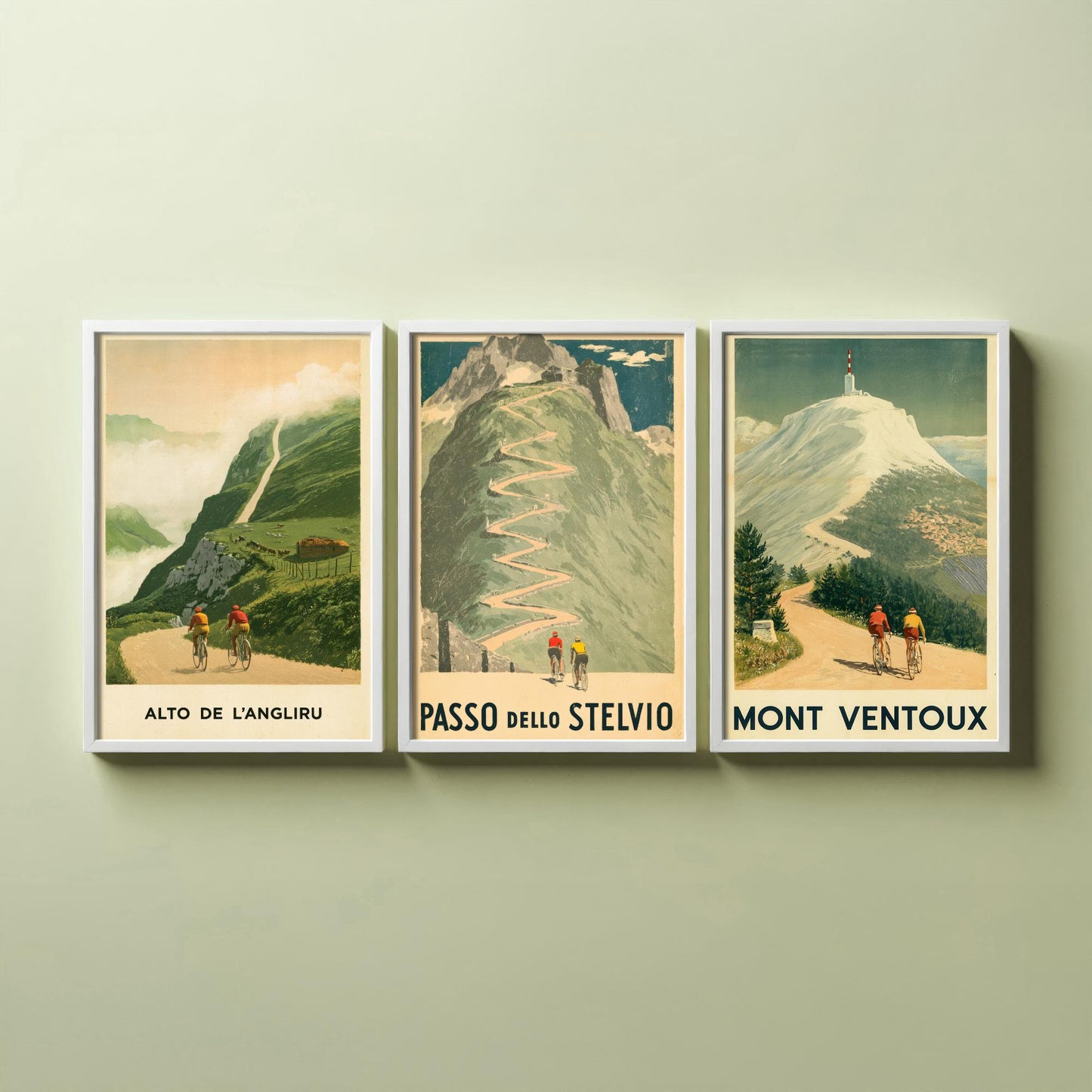 Vintage Cycling Set of Three Art Prints - Alto de l'Angliru, Passo dello Stelvio, Mont Ventoux - Classic Climbs Poster Illustration