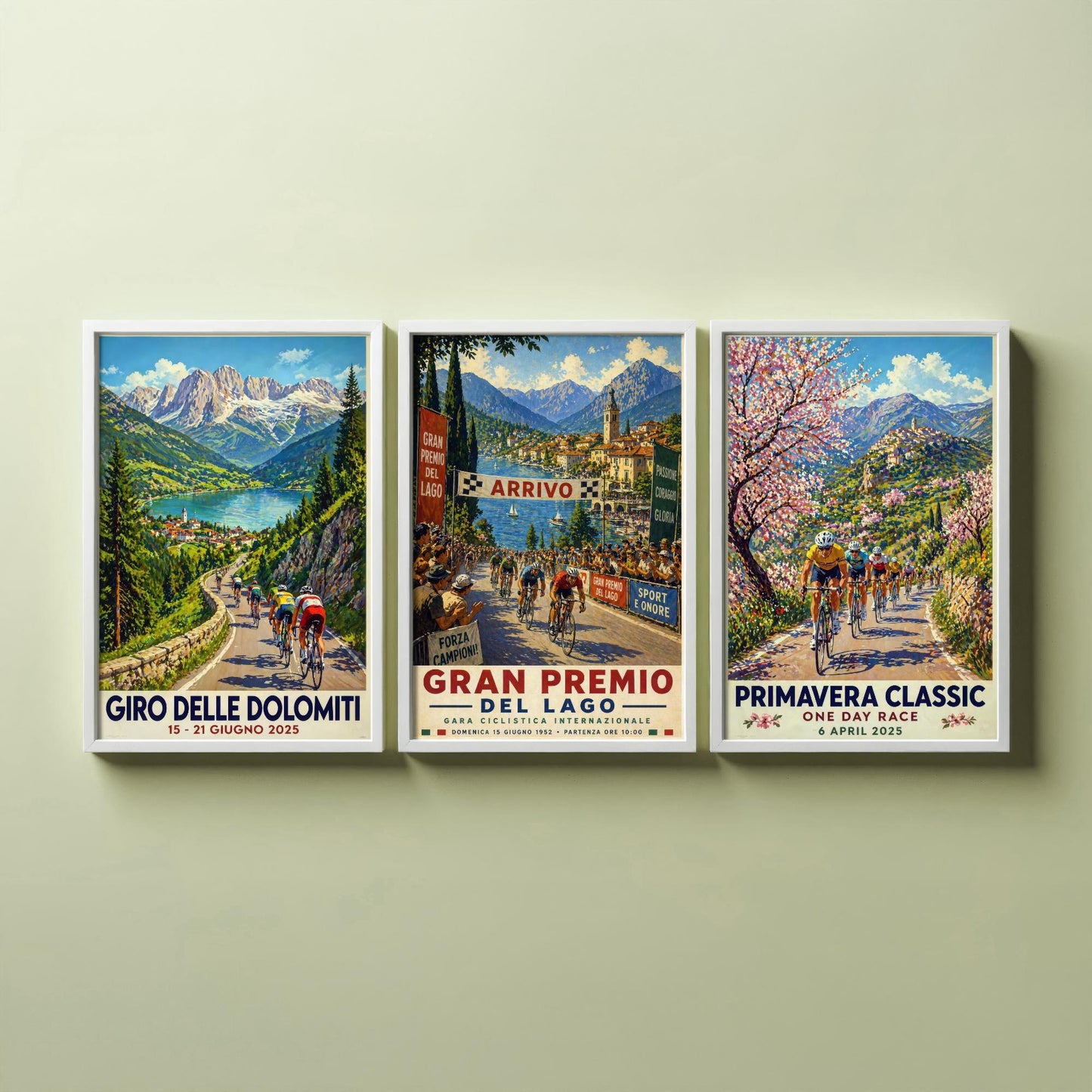 Vintage Cycling Poster Set of Three Art Prints | Dolomites Lake Grand Prix Spring Classic Painting