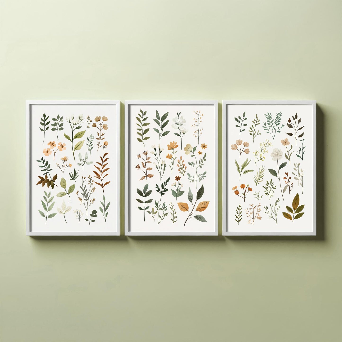 Vintage Botanical Poster Set of Three Art Prints | Pressed Wildflower Leaf Sprigs Illustration V10