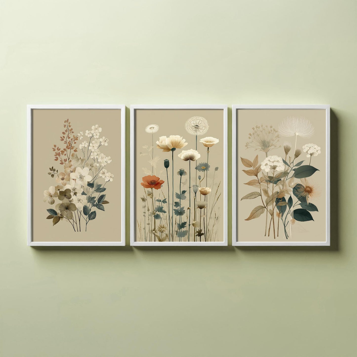 Vintage Wildflower Poster Set of Three Art Prints | Dried Poppy Lace Sprigs Watercolour V16