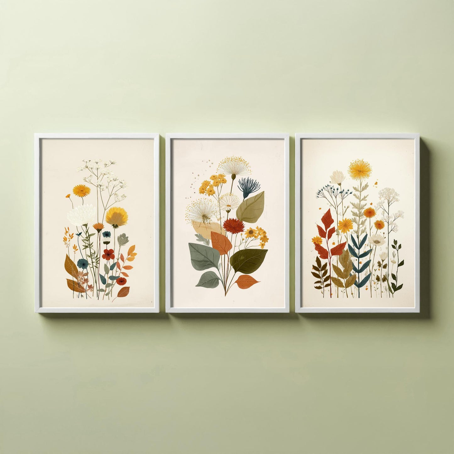 Vintage Floral Set of Three Art Prints | Orange Daisy Dandelion Modern Illustration Poster V7